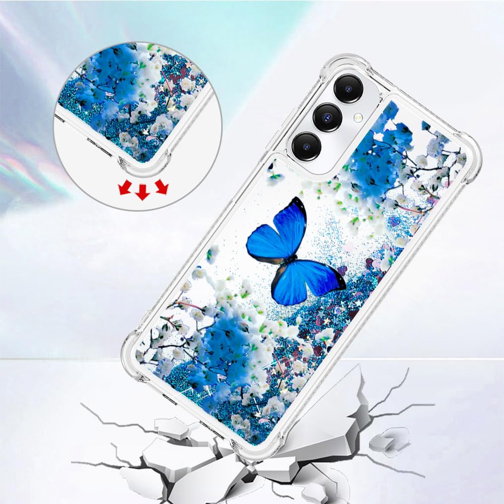 Cute Glitter Bling Liquid Shockproof Soft TPU Slim Silicone Phone Case for Samsung Galaxy A05S with Screen Protector - Blue Butterfly Design | Protective Cover for Women & Girls | Perfect for Everyday Use, Work, and Travel