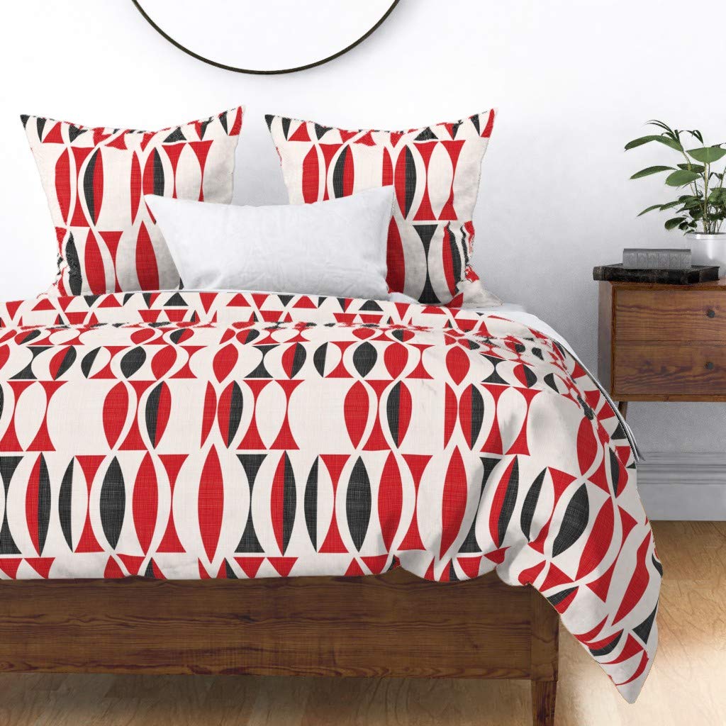 Premium Spoonflower Cotton Sateen Duvet Cover King/California King - Vintage Black White Red Geometric Cherry Texture Abstract Wave Pattern Custom Bedding Set for Modern & Bohemian Bedrooms