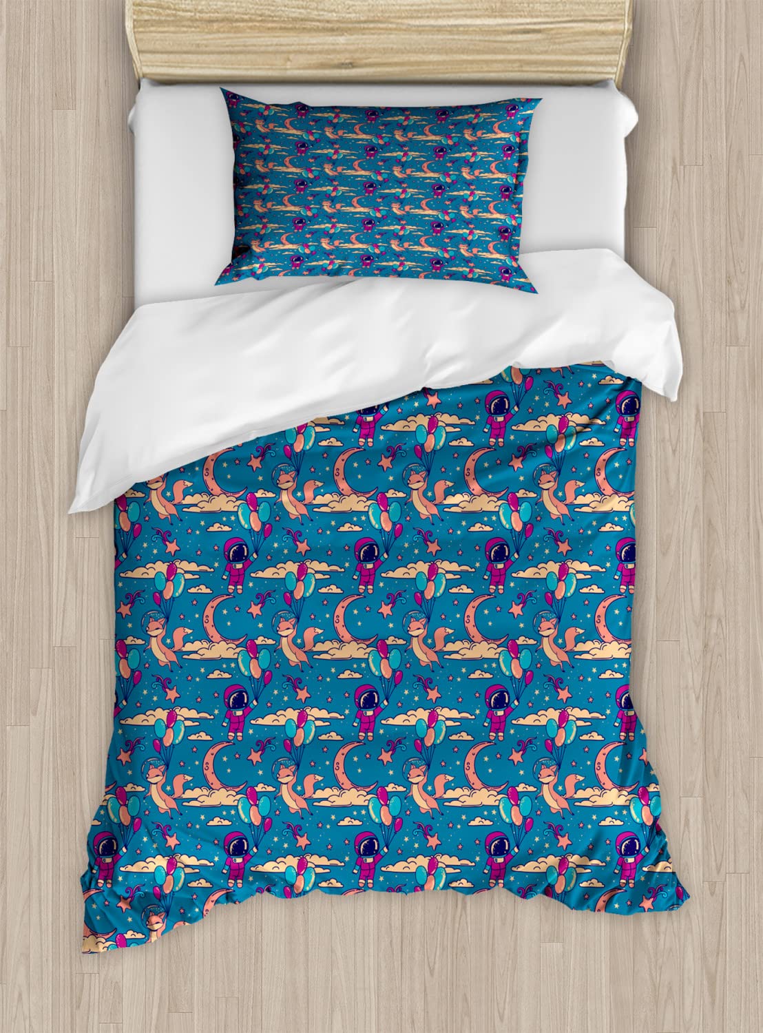 Ambesonne Cartoon Duvet Cover Set - Twin Size 2-Piece Bedding with Astronaut & Fox Balloon Design, Starry Sky Theme - Soft & Breathable for Kids' Room, Dorm Decor, Gift Idea