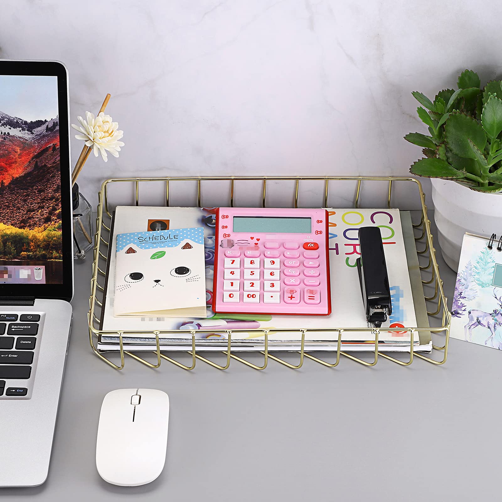 BTSKY Multipurpose A4 File Tray Organizer - Elegant Wire Desk Document Holder for Letter Size Papers, Magazines & Office Supplies - Perfect for Office, Home, Bathroom & Cosmetics Storage (Gold)