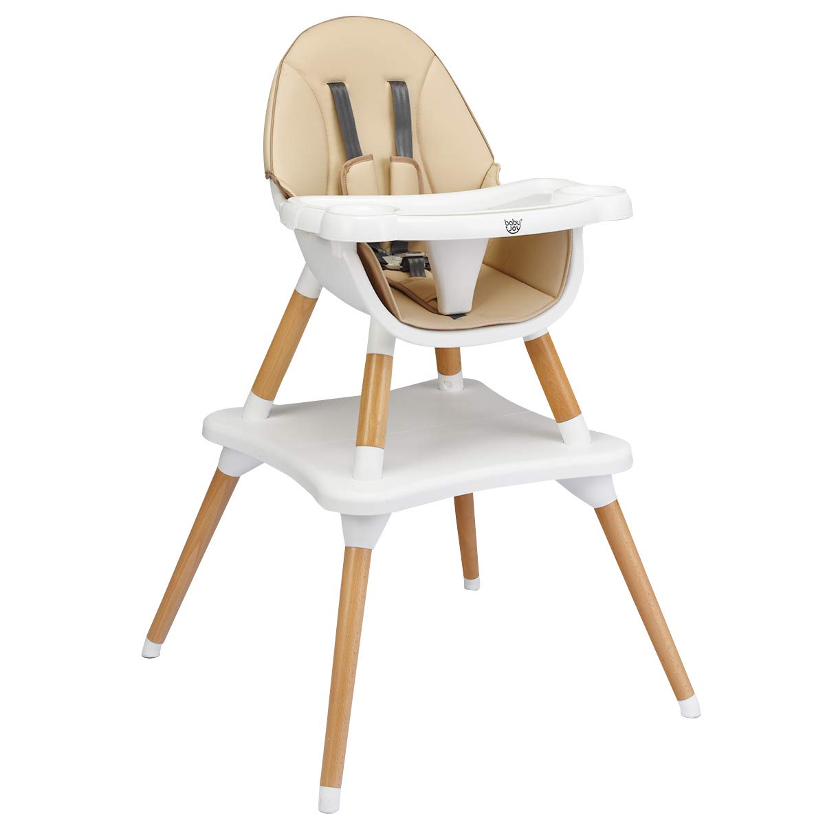 HONEY JOY 5-in-1 Convertible Wooden High Chair for Babies & Toddlers - Adjustable Feeding Tray, Safety Harness, Convertible to Table & Chair Set (Khaki) - Perfect for Dining, Learning & Playtime at Home