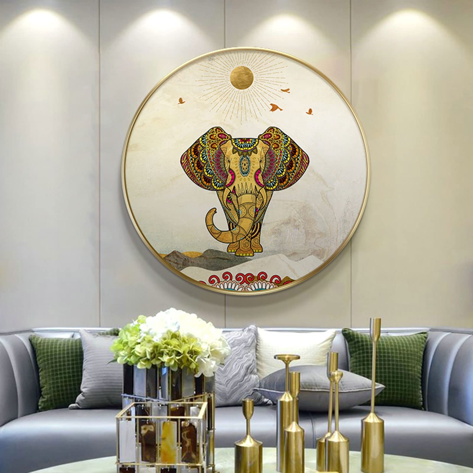 Minimalist Round Wall Art - Elegant Woman Line Art & Elephant Print - Abstract Home Decor for Living Room, Bedroom, Kitchen - 60cm Gold Framed Canvas - Perfect for Modern & Boho Interior Design