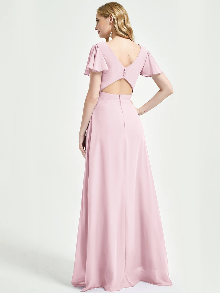 Elegant Blush Pink Ruffle Sleeves Backless A-Line Chiffon Bridesmaid Dress for Wedding Party, Formal Events & Special Occasions