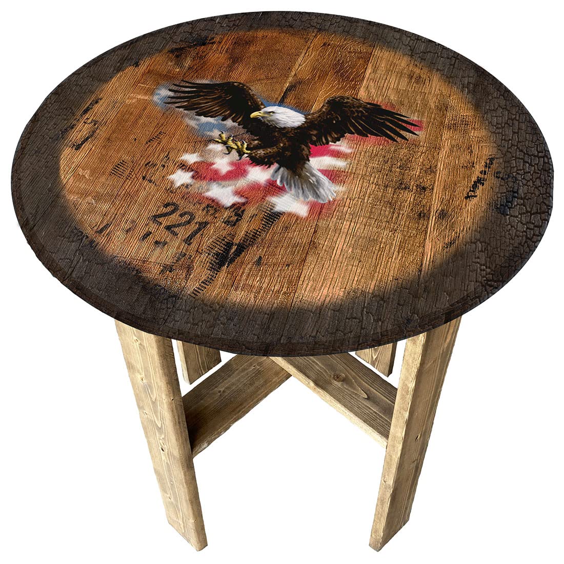American Flag Bald Eagle Whiskey Barrel End Table - Rustic Farmhouse Decor, Wooden Round Side Table for Living Room, Bedroom & Patio
