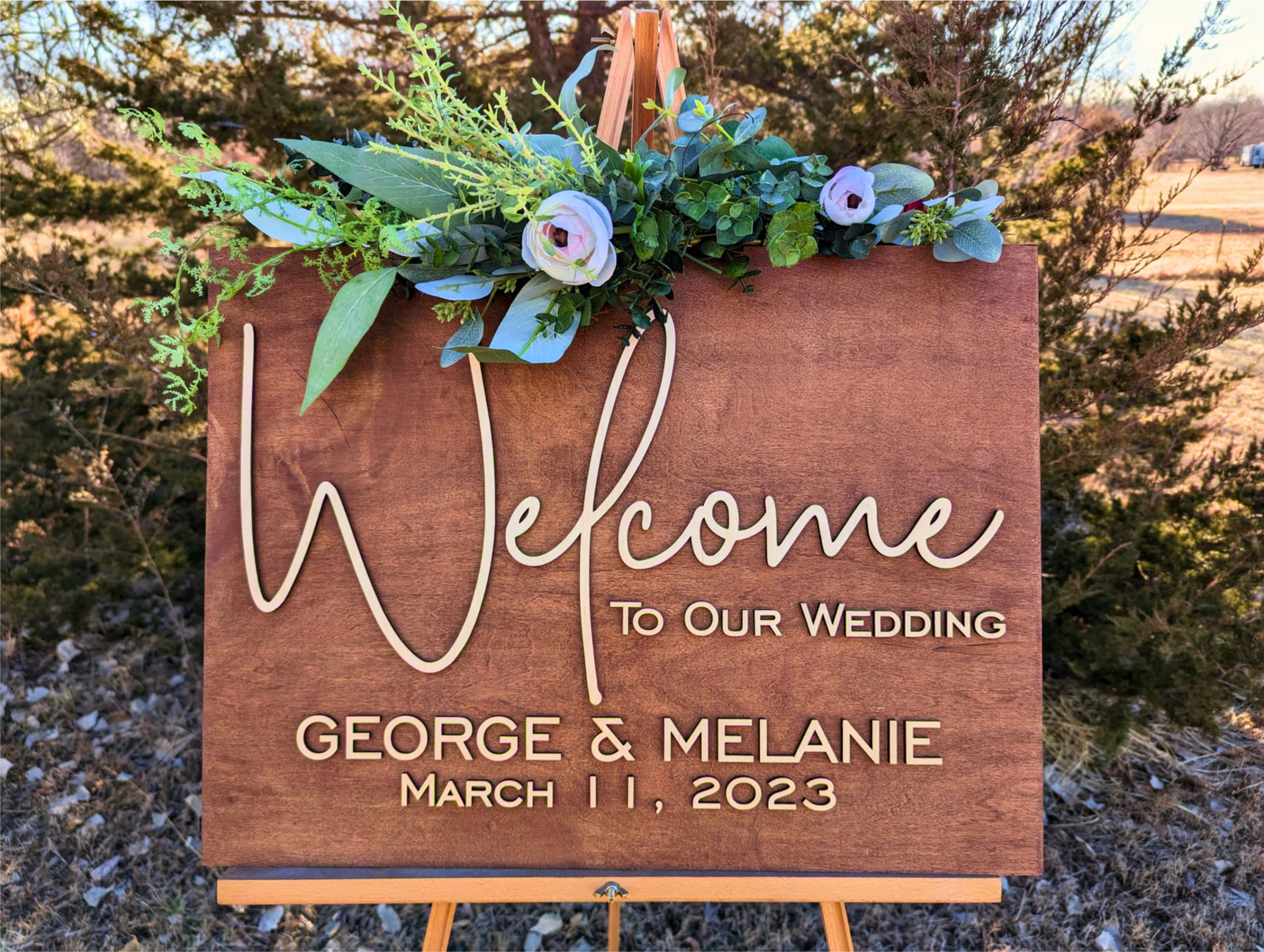 Personalized 3D Wooden Wedding Welcome Sign - Custom with Names & Dates - Laser Engraved Rosefield Design - Perfect for Wedding Ceremony Decor & Reception Entrance Decorations