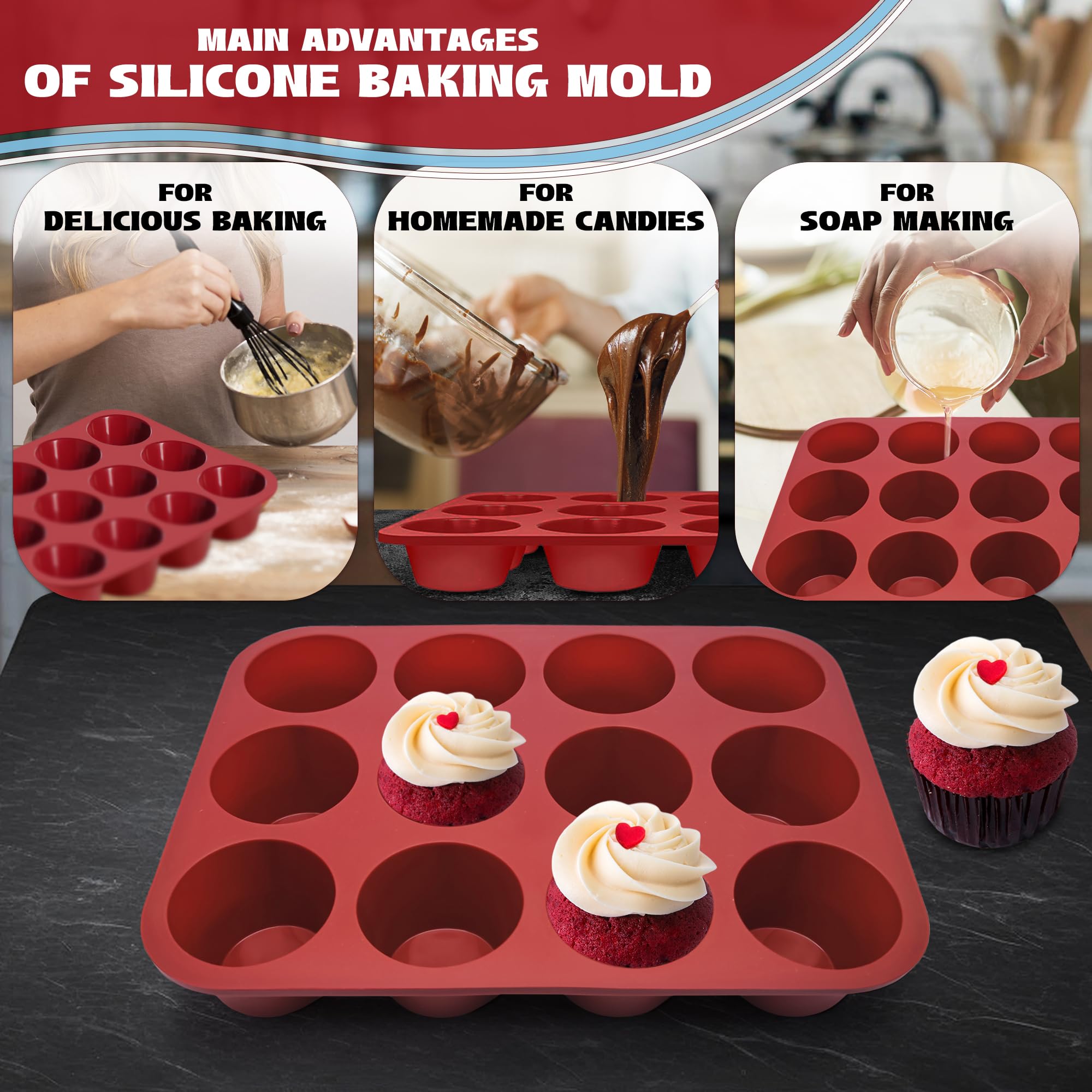 Premium Nonstick Silicone Muffin Pan Set - 12-Cup Deep Muffin Tray (2-Pack, 2-Inch Height) for Baking Cupcakes, Muffins & Desserts - Perfect for Home Baking, Party Treats & Holiday Cooking