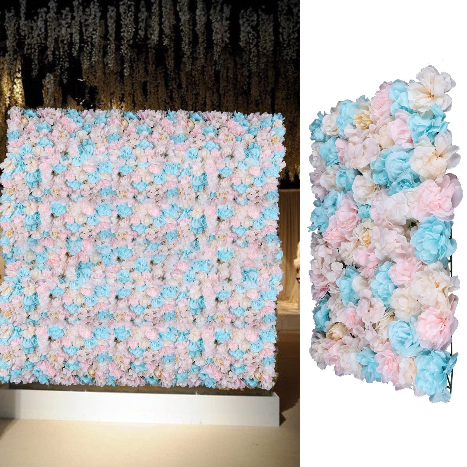 Gdrasuya10 Artificial Silk Flower Wall Panel - 12 Pack Wedding Backdrop for Photography, Room Decor, Hanging Baskets & Garden Arch (15.75x23.62x0.79 Inches, Blue & Pink) - Perfect for Weddings, Baby Showers & Home Decoration