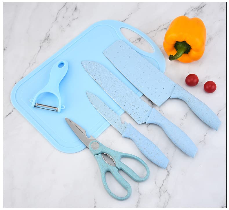 Premium 5-Piece Wheat Straw Kitchen Knife Set with Cutting Board & Leather Storage Box - Chef, Fruit & Utility Knives for Cooking, Slicing & Food Prep - Eco-Friendly PP Material, Random Color