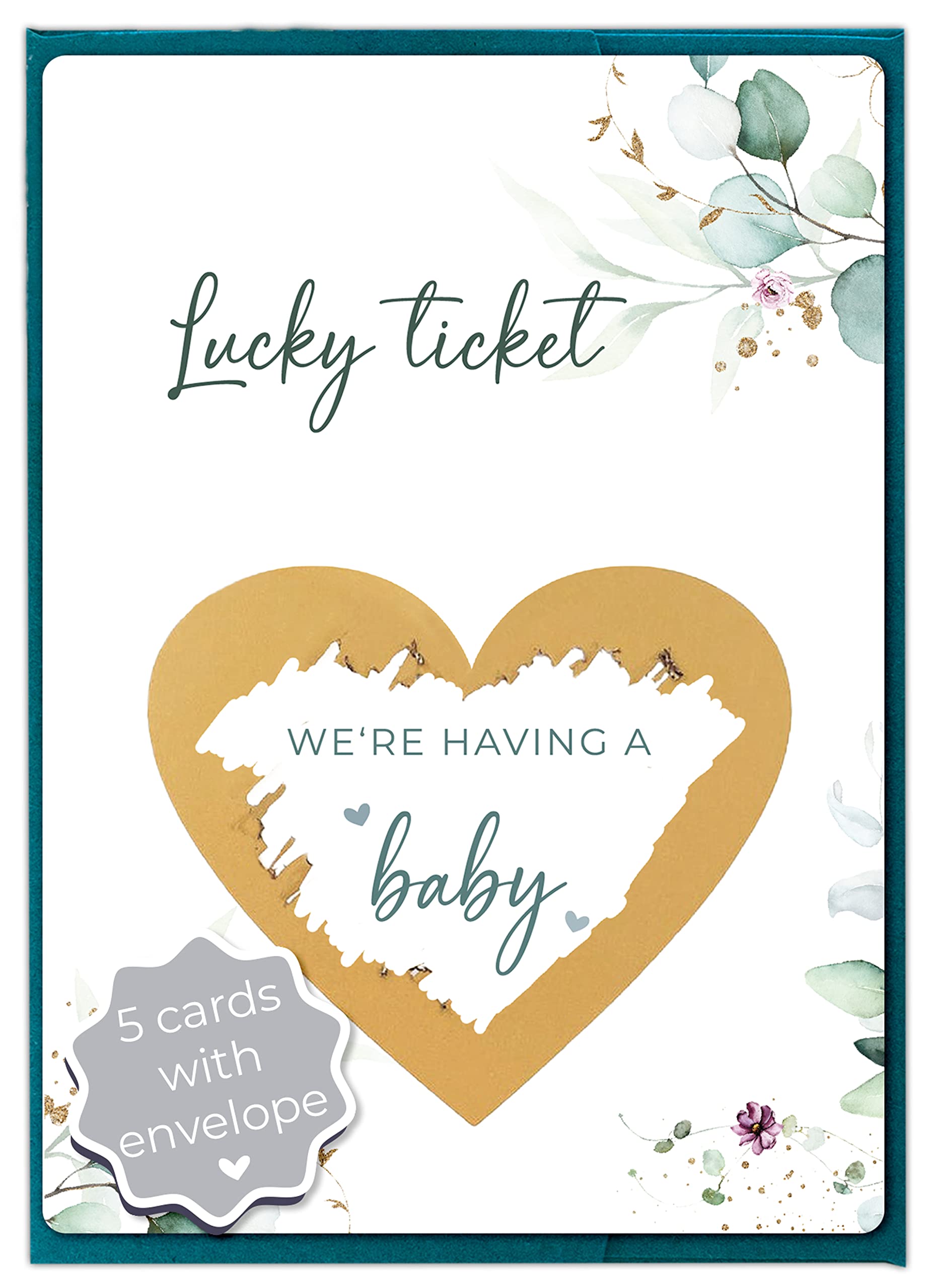 Joli Coon Pregnancy Announcement Scratch Cards - 5 Pack 'We're Having a Baby' Reveal Cards with Envelopes - Eucalyptus Design - Perfect for Gender Reveal Parties & Baby Shower Gifts