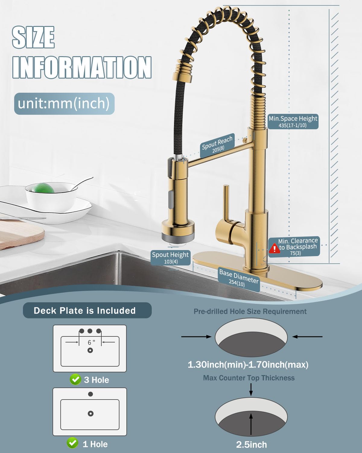 Brushed Gold LED Kitchen Faucet with Pull Down Sprayer, Soap Dispenser & Deck Plate - Single Handle Modern Faucet for RV, Camper, Farmhouse & Residential Kitchen Sinks | Perfect for Cooking, Washing Dishes & Food Prep