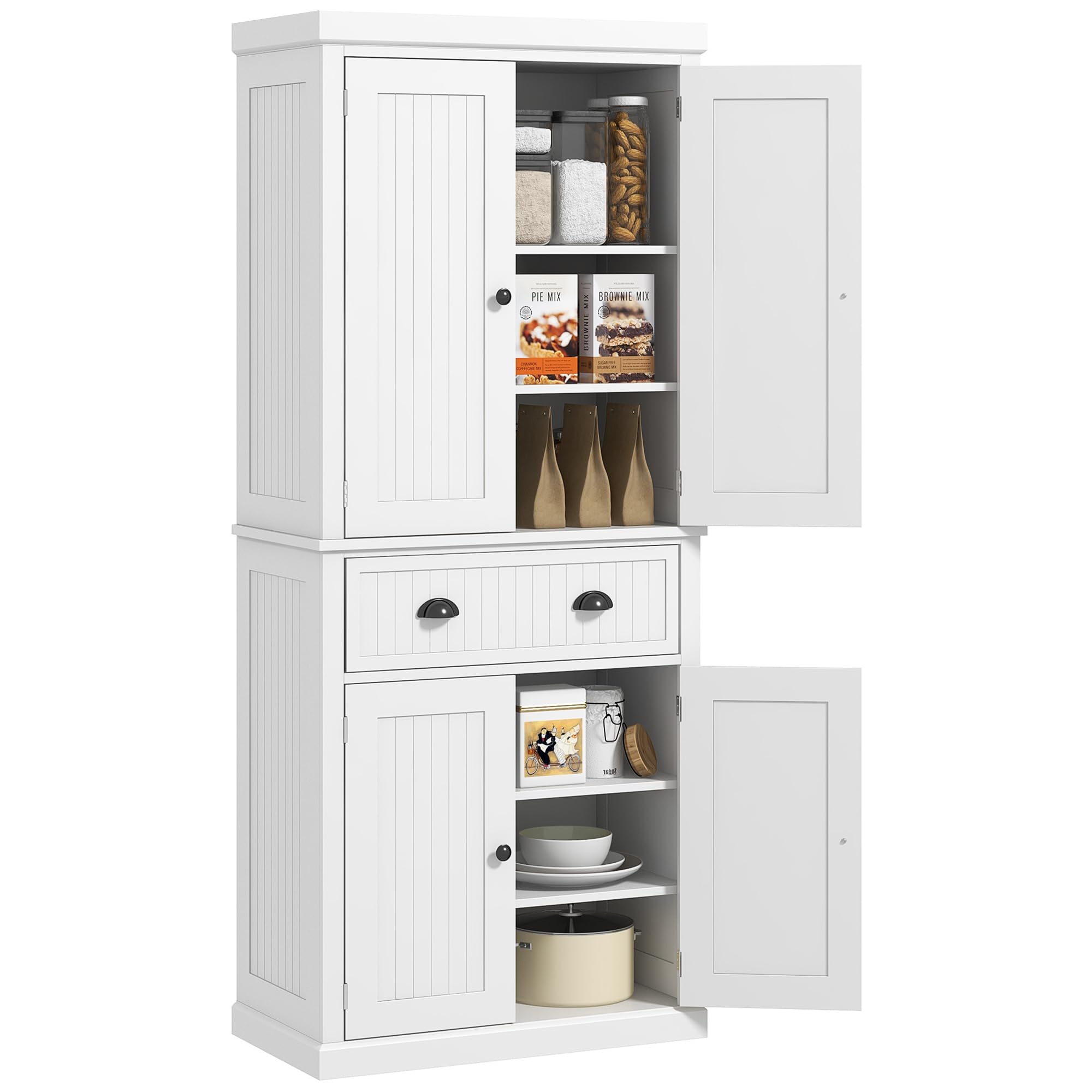 HOMCOM 72 Inch White Freestanding Kitchen Pantry Cabinet with 4 Doors, Drawer & 3 Adjustable Shelves - Tall Storage Cabinet for Dining Room, Kitchen, or Living Room Organization