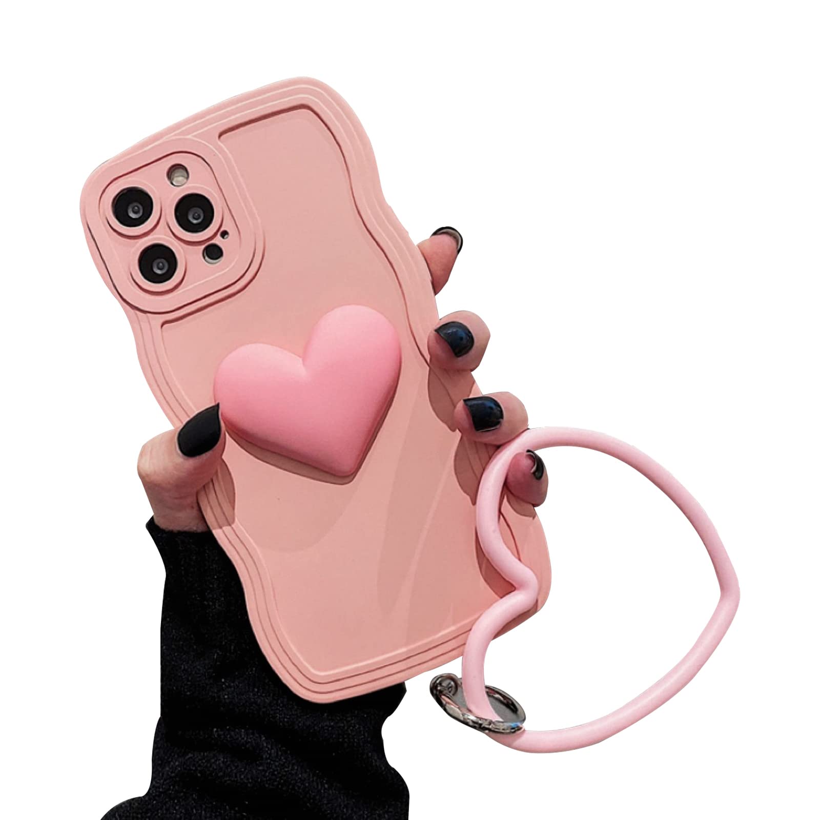 Pink Heart Phone Case for iPhone 14 Pro - Cute 3D Big Love Heart Design with Curly Wave Shape & Matching Bracelet | Perfect Gift for Women & Girls | Valentine's Day, Anniversary, Birthday Present