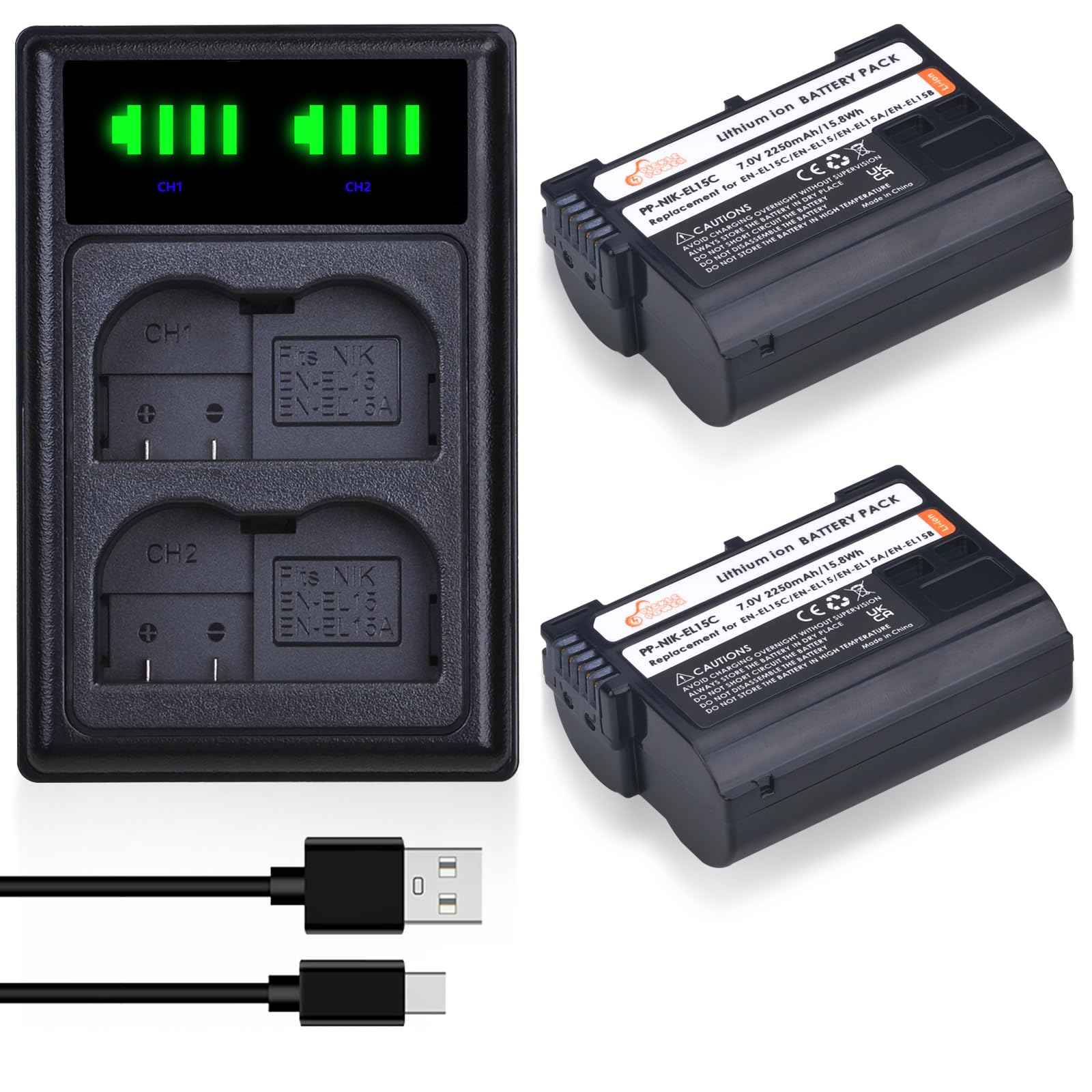 EN-EL15C EL15a EL15b EL15 Battery and LED Dual Charger for Nikon Z6 Z7 D850 D750 D810 D7500 D7200 D7100 D7000 D500 D600 D610 D800 D800E D810A - Fast Charging Solution for Professional Photography, Travel and Outdoor Shooting