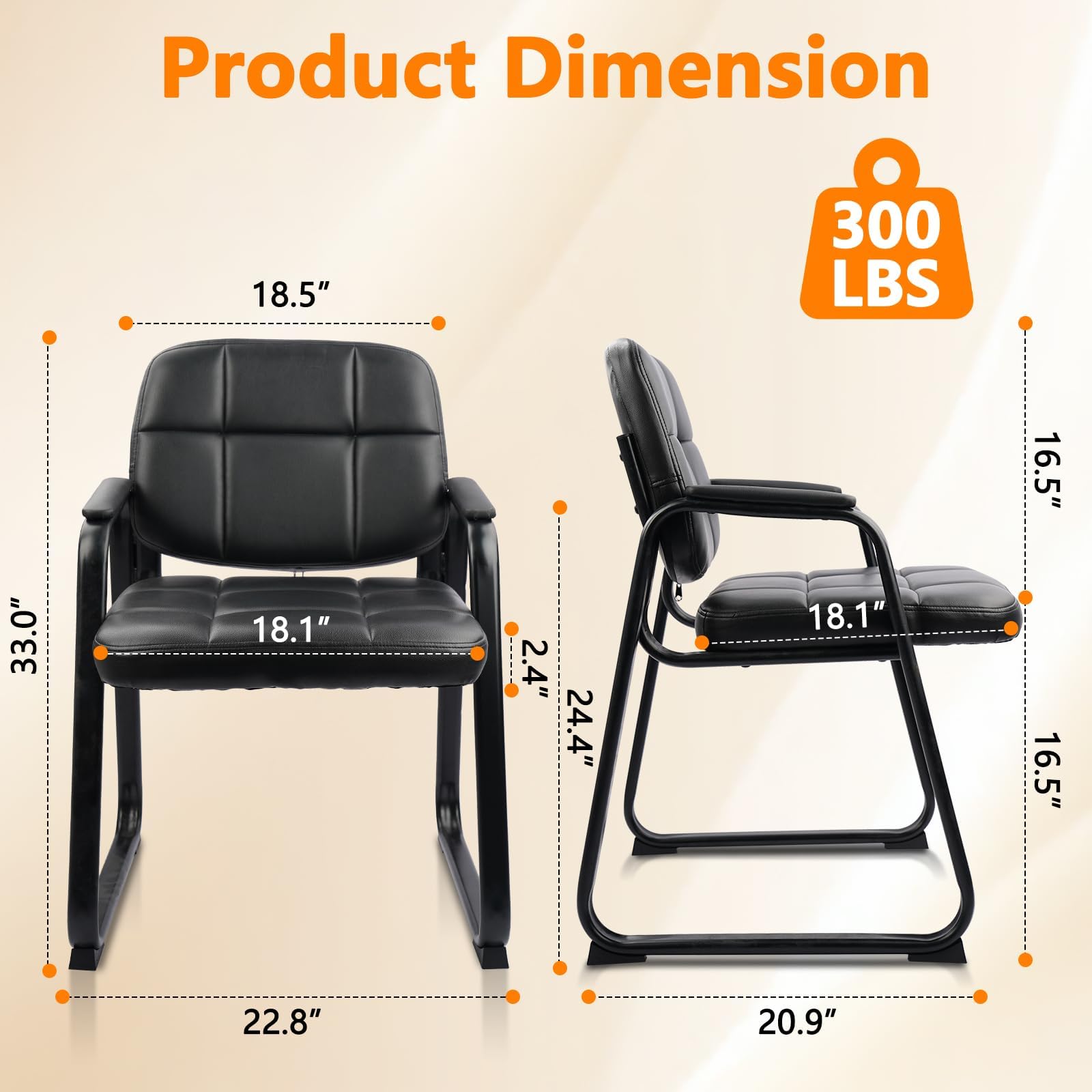 CLATINA 2-Pack Black Leather Waiting Room Chairs - Padded Arm Guest Chairs with Sled Base for Office Reception, Conference Rooms & Lobby Seating | Durable No-Wheels Design for Professional Spaces