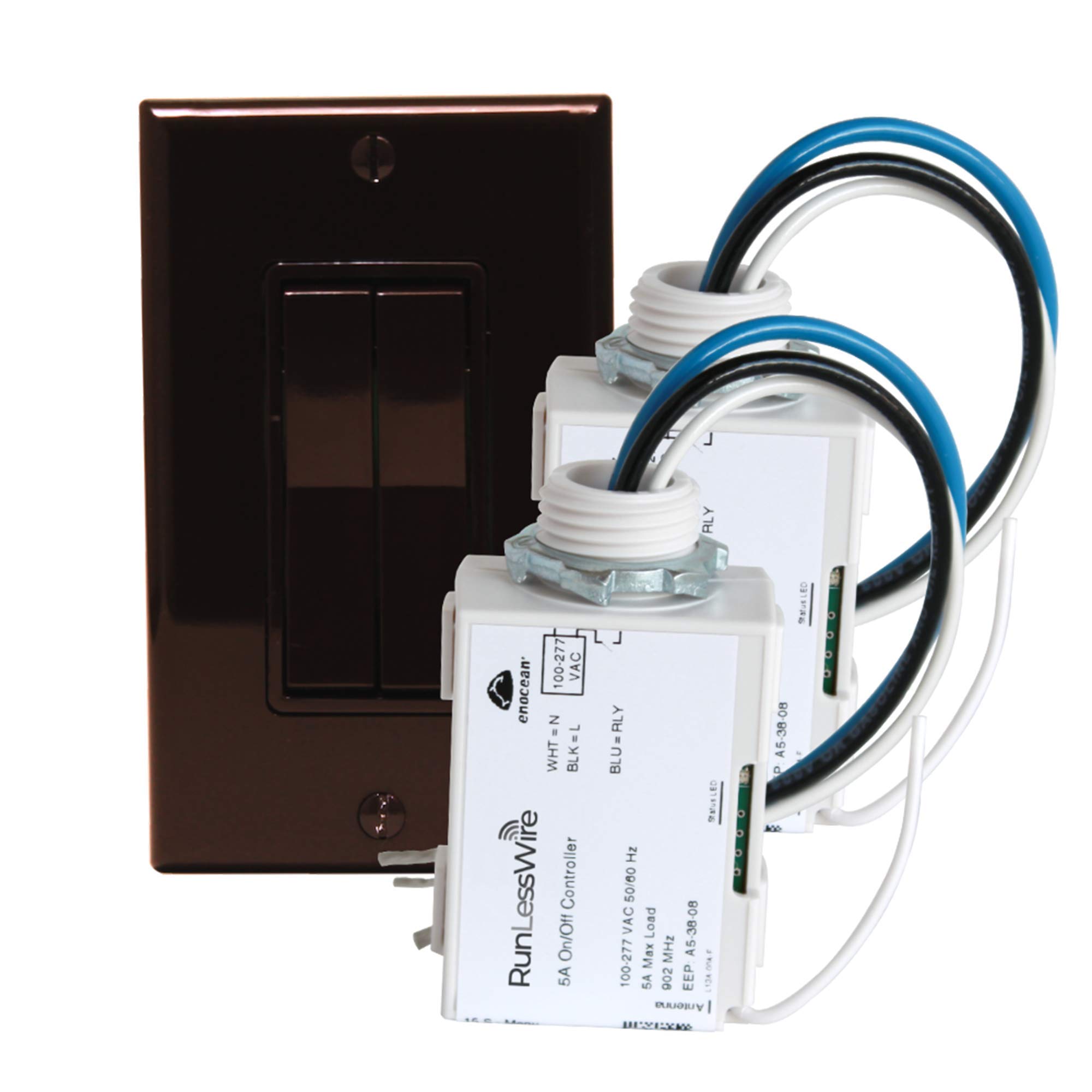 RunLessWire Wireless Fan and Light Switch Kit with Receivers - DIY Rocker Switch for Home Lighting Control - Brown (2 Receivers + 1 Dual Rocker Switch) - Perfect for Bedroom, Living Room and Home Office Automation