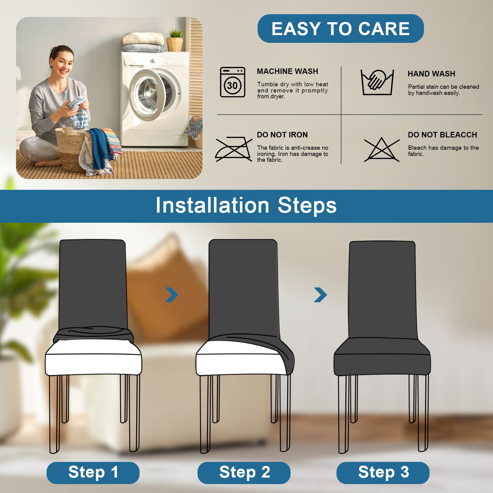 Stretch Dining Room Chair Covers Set of 6 - Washable & Removable Slipcovers for Dining Chairs, Hotel, Wedding Ceremony - Perfect for Home Decor, Restaurant, and Event Seating