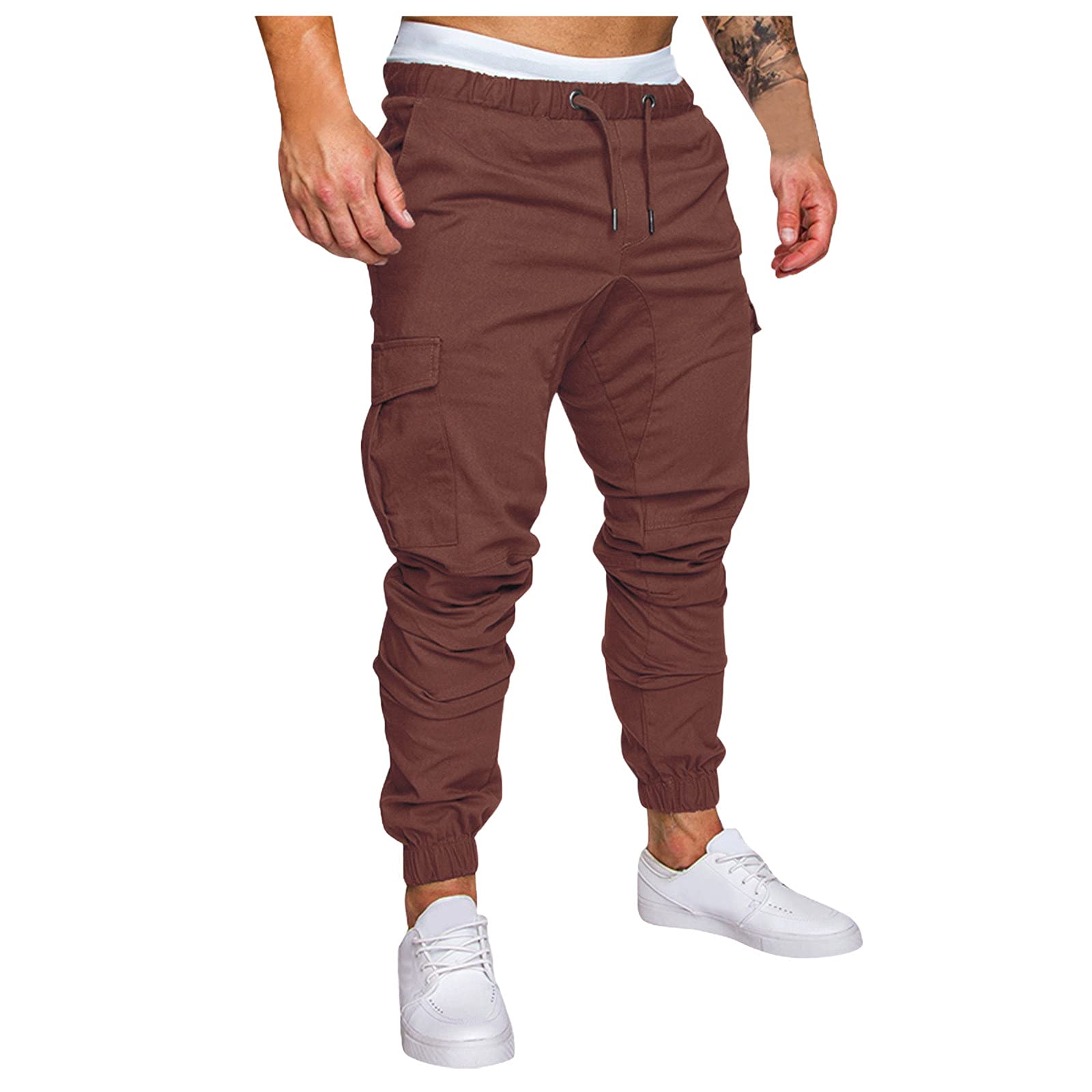 WUAI-Men's Slim Fit Cargo Jogger Pants - Elastic Waist with Drawstring, Khaki Chino Sweatpants for Athletic Wear | Perfect for Gym, Hiking & Casual Outfits