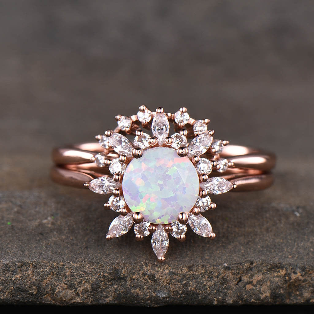 1ct Sunflower Floral Opal & Diamond/Moissanite Engagement Ring Set (2-Piece) - Perfect for Proposals, Weddings & Anniversary Gifts