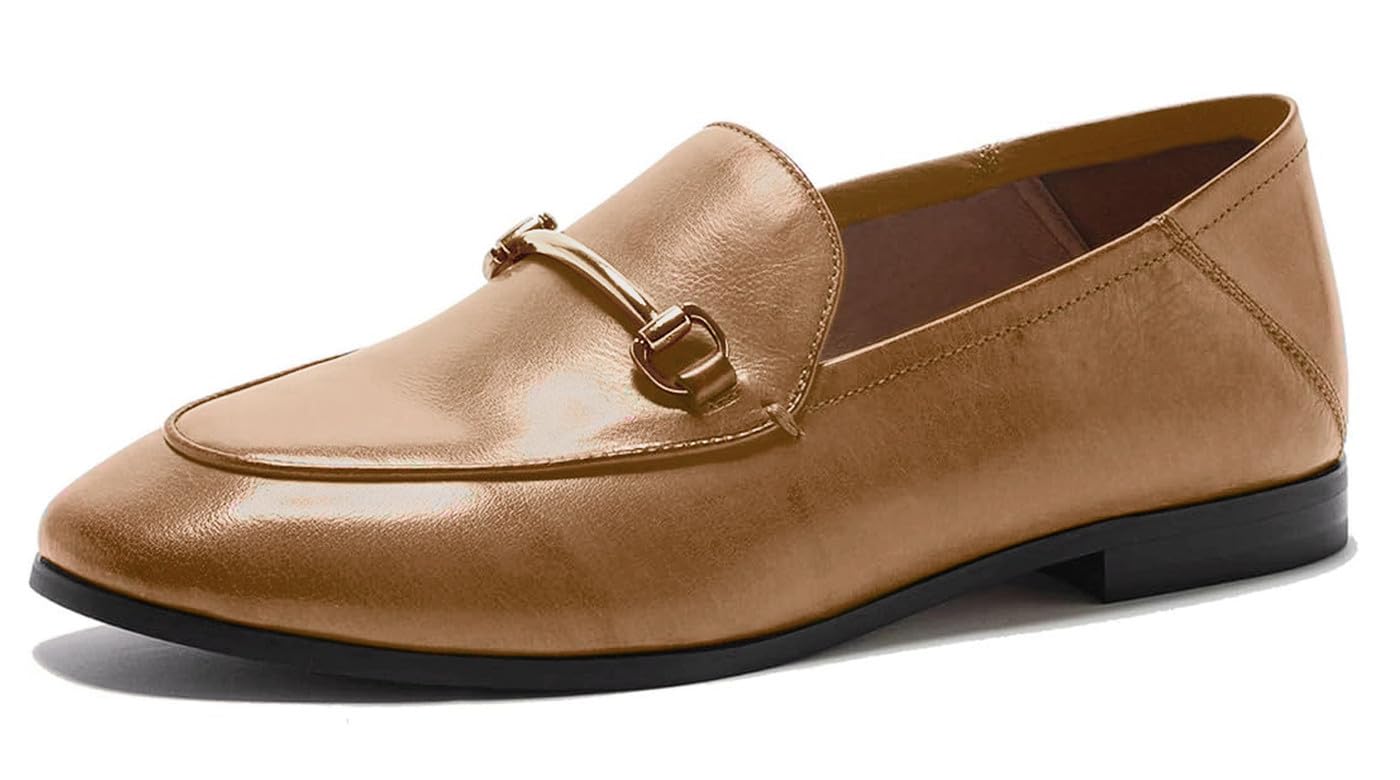 U-lite Women's Cow Leather Slip On Loafers with Metal Decoration - Comfortable Flat Mules for Casual Wear, Office & Travel