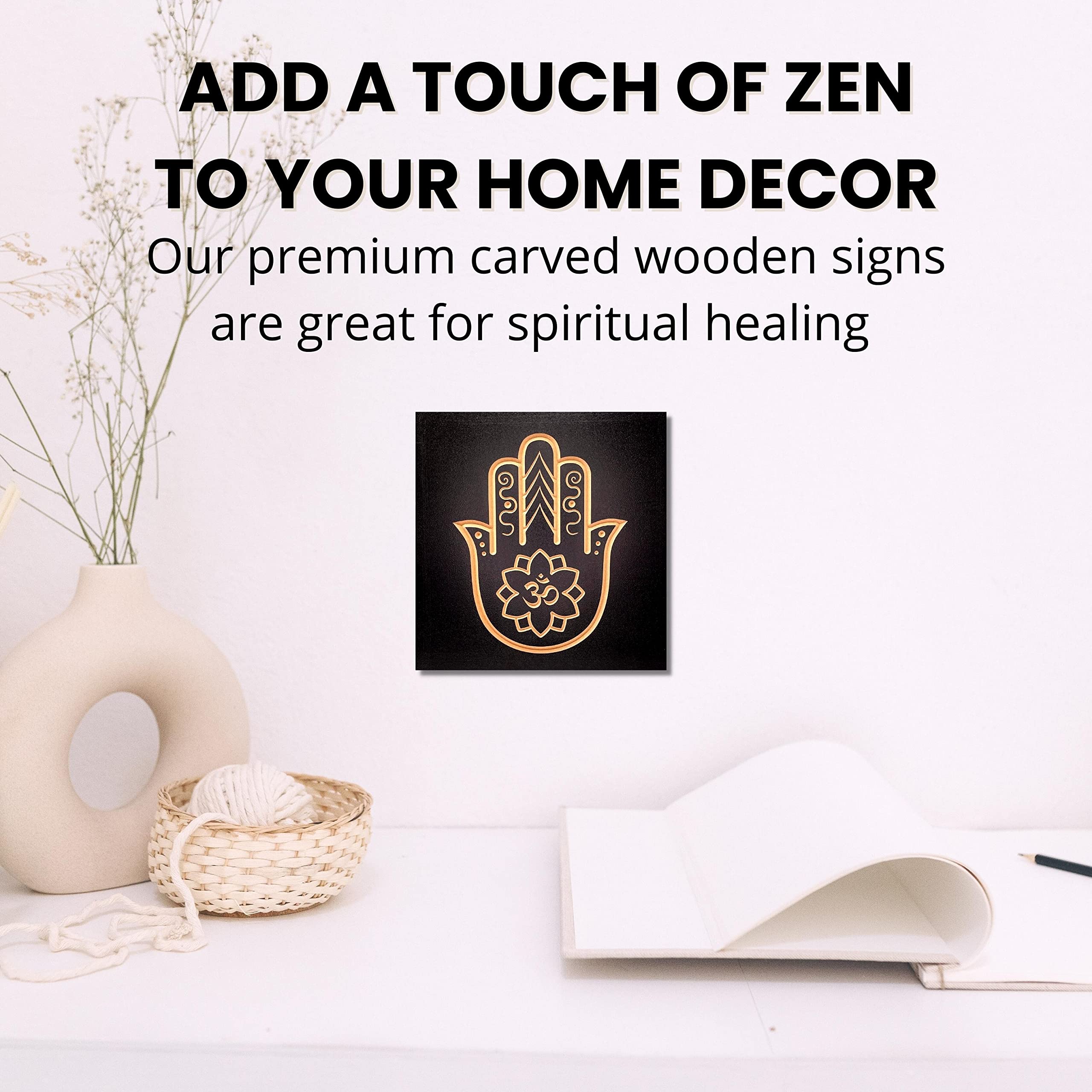 Hand Carved Black Wood Hamsa Hand Om Flower Wall Decor - 8 x 8 Inches Spiritual Wall Art for Pooja Room, Meditation Space & Home Decor - Indian Wooden Wall Hanging with Sacred OM Symbol - Perfect for Yoga Studios, Prayer Rooms & Boho Chic Interiors