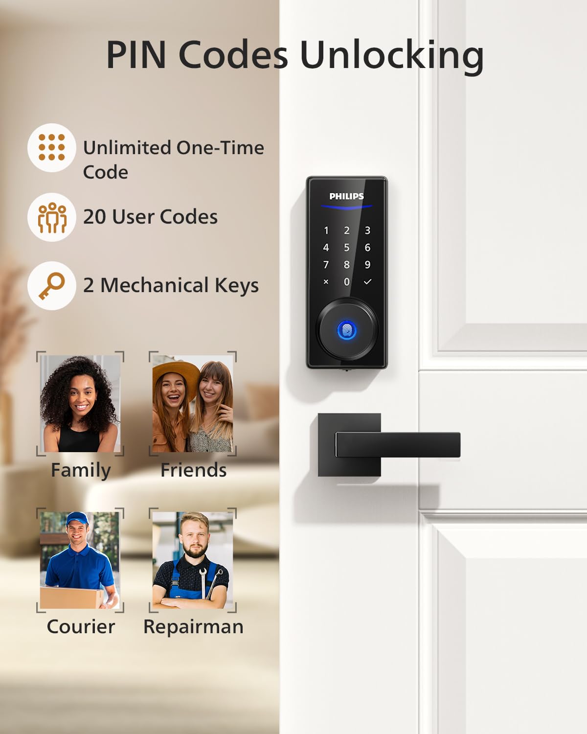 Philips Smart Fingerprint Door Lock Set - Keyless Entry with 2 Lever Handles, Auto Locking, Touchscreen Keypad & Backup Key - Secure Electronic Front Door Lock for Homes & Apartments - Perfect for Modern Smart Home Security & Convenient Keyless Access