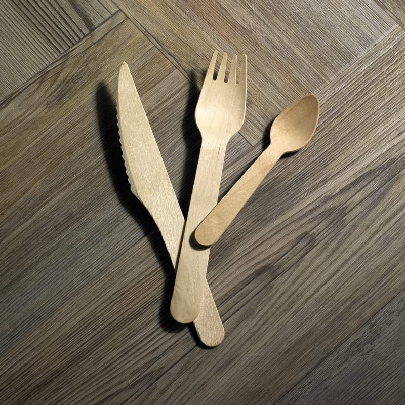 Eco-Friendly Wooden Cutlery Set - 250 pcs Compostable Spoon, Fork & Knife Utensils for Travel, Picnics & Parties | PackNwood Natural Wood Silverware (6.5
