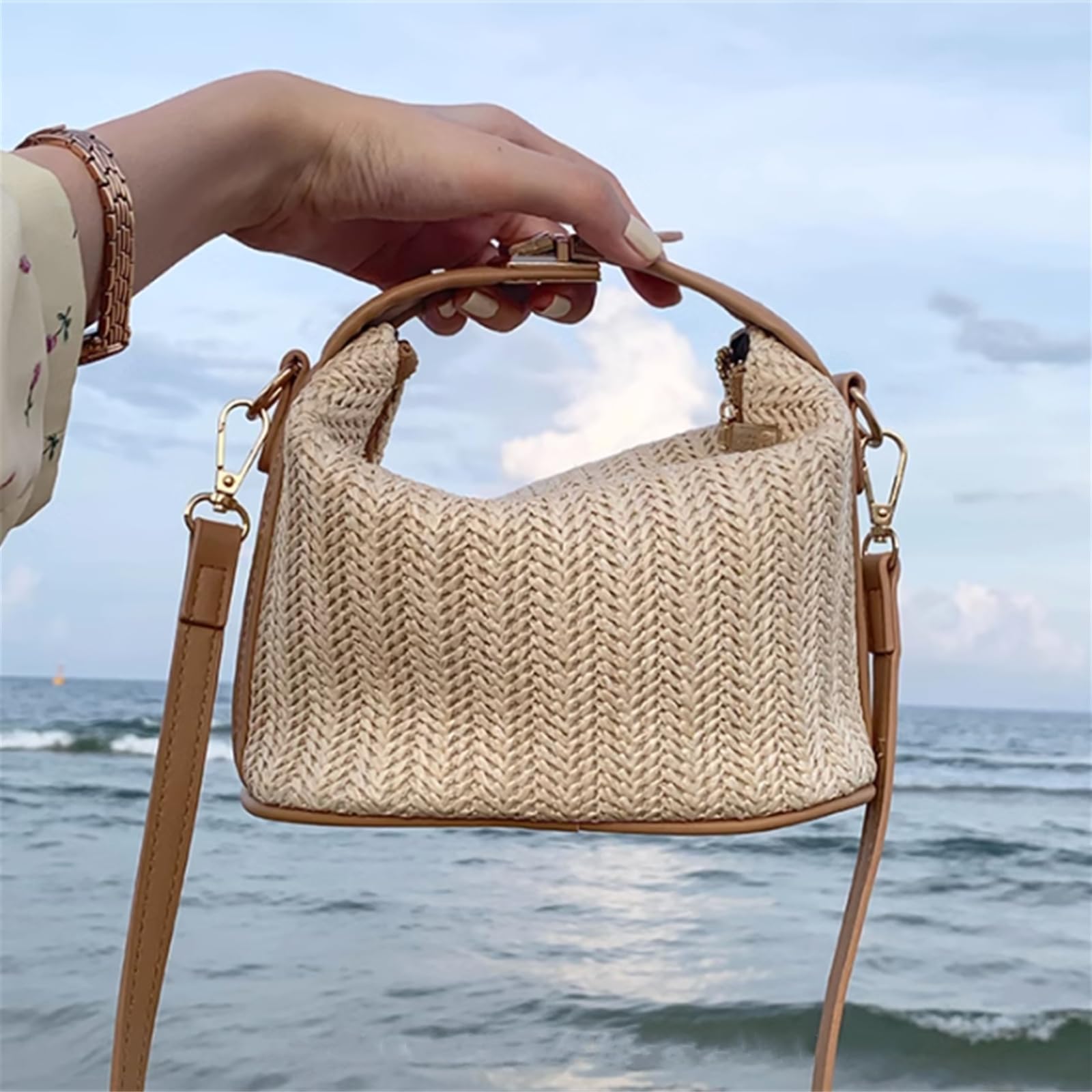 Handmade Straw Woven Crossbody Bag for Women - Eco-Friendly Beach Tote & Summer Top Handle Bucket Purse | Perfect for Vacation, Pool Parties & Boho Fashion Outfits