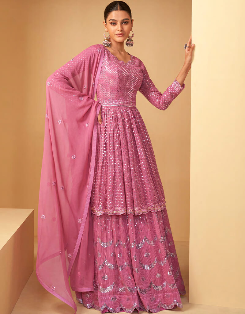 Elegant Baby Pink Lehenga Style Semi-Stitched Suit for Women - Perfect for Weddings, Festivals & Special Occasions