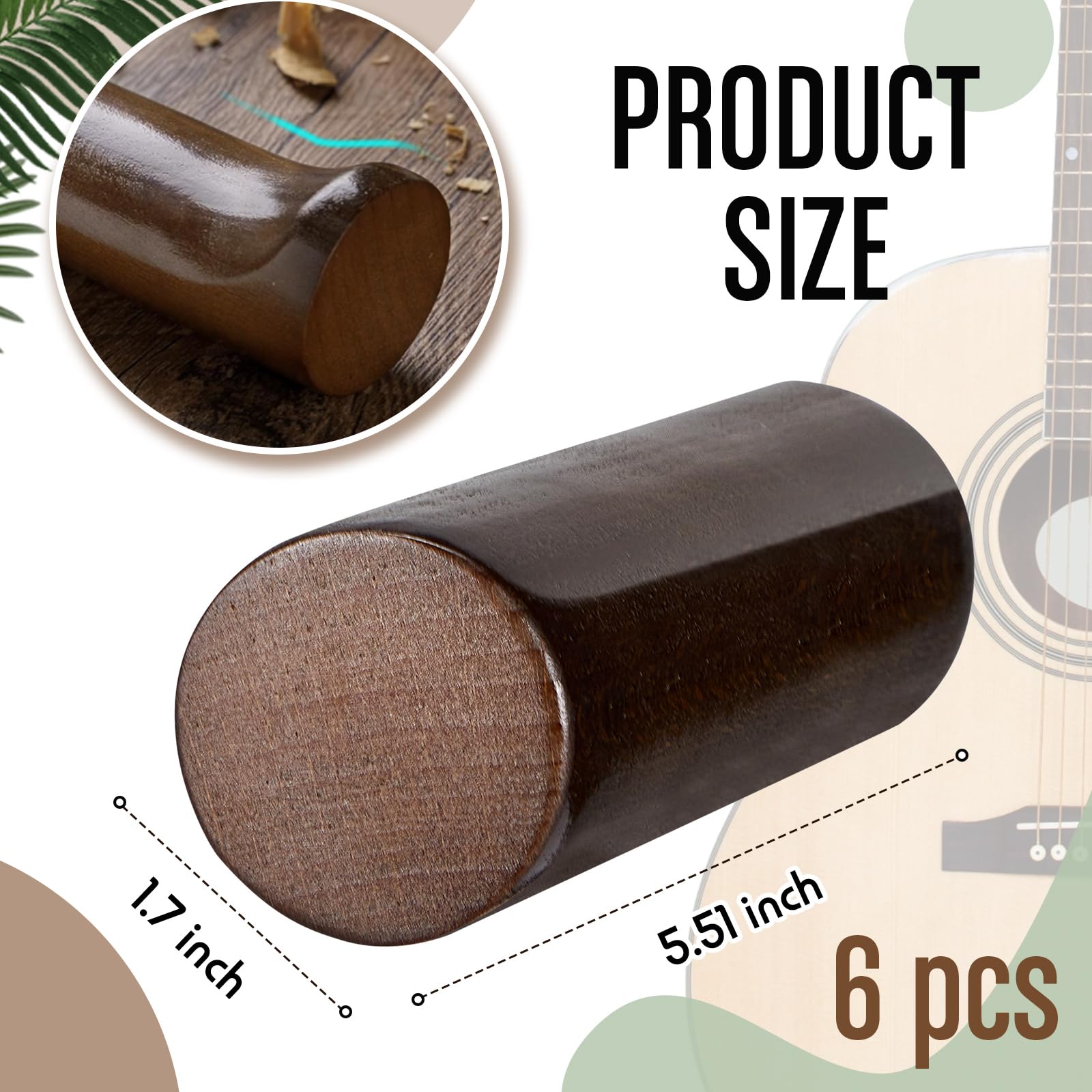 6 Pack Solid Wood Guitar Wall Hangers - Horizontal Guitar Wall Mount Hook Stand for Acoustic, Electric Guitar, Banjo, Bass & Mandolin | Durable Brown Wooden Display Rack with Screws | Perfect for Home, Studio & Music Store Decor