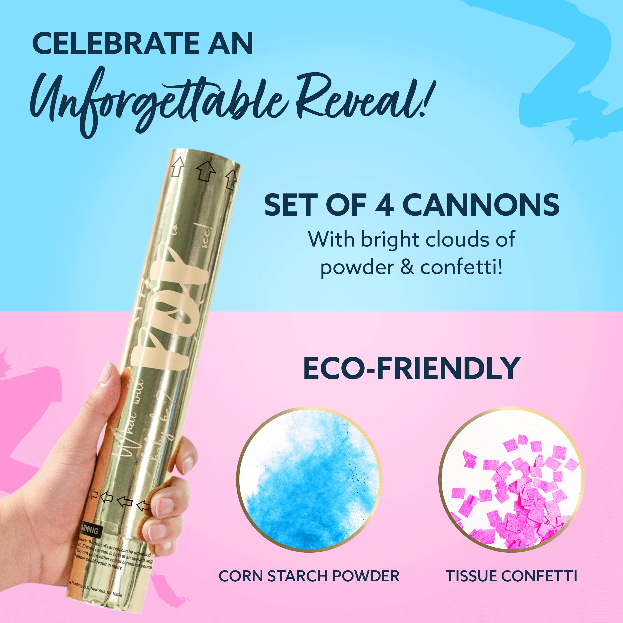 Gender Reveal Confetti Powder Cannon - Set of 4 (2 Blue & 2 Pink) - 100% Biodegradable & Safe for Baby Showers, Gender Reveal Parties & Celebrations - Perfect for Outdoor Events, Photo Shoots & Surprise Moments