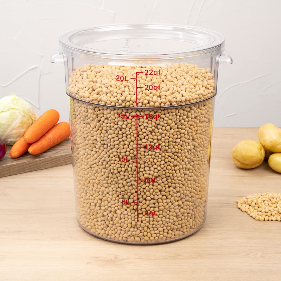 Restaurantware Met Lux 22 Quart (20.8L) Clear Plastic Food Storage Containers - 10-Pack Round Commercial Food Prep Buckets with Volume Markers | Space-Saving Kitchen Organization for Restaurants, Catering & Bulk Food Storage (Lids Sold Separately)