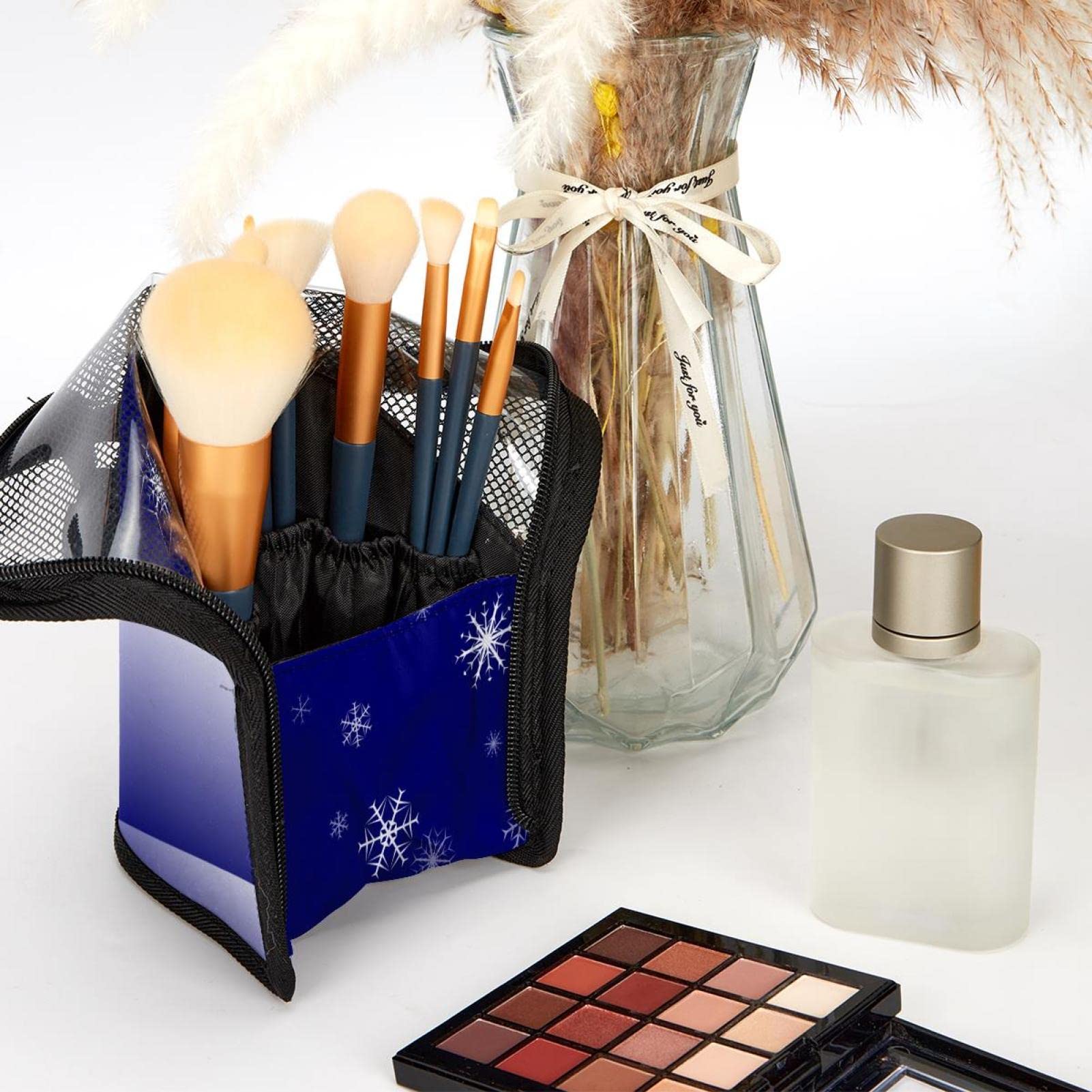 12-Piece Makeup Brush Organizer Bag with Snowflake Design - Portable Travel Cosmetic Brush Holder Case for Makeup Artists & Beauty Enthusiasts - Perfect for Home, Travel, and Professional Use