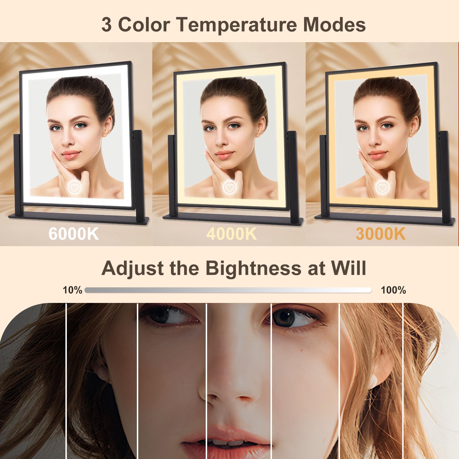 LED Makeup Mirror with Lights - 12 Inch Dimmable Vanity Mirror with Smart Control, Adjustable Warm White/Natural/Daylight Lighting, 360° Rotation - Perfect for Home Makeup, Salon, Wedding & Birthday Gifts (Black)