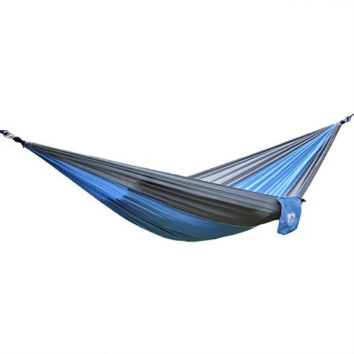 OuterEQ Portable Parachute Camping Hammock - Lightweight Nylon Travel Hammock for Outdoor Adventures (Grey/Light Blue, 9ft x 4.6ft/Single Person) - Perfect for Backpacking, Beach Trips & Backyard Relaxation