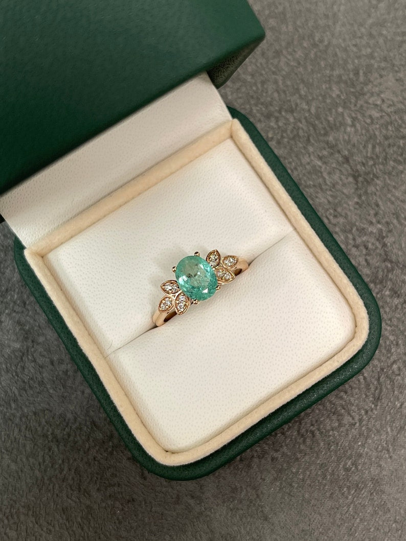 1.38tcw 14K Gold Colombian Emerald Oval Cut & Brilliant Round Diamond Leaf Ring for Women - Elegant Nature-Inspired Jewelry for Engagement, Wedding, Anniversary Gifts