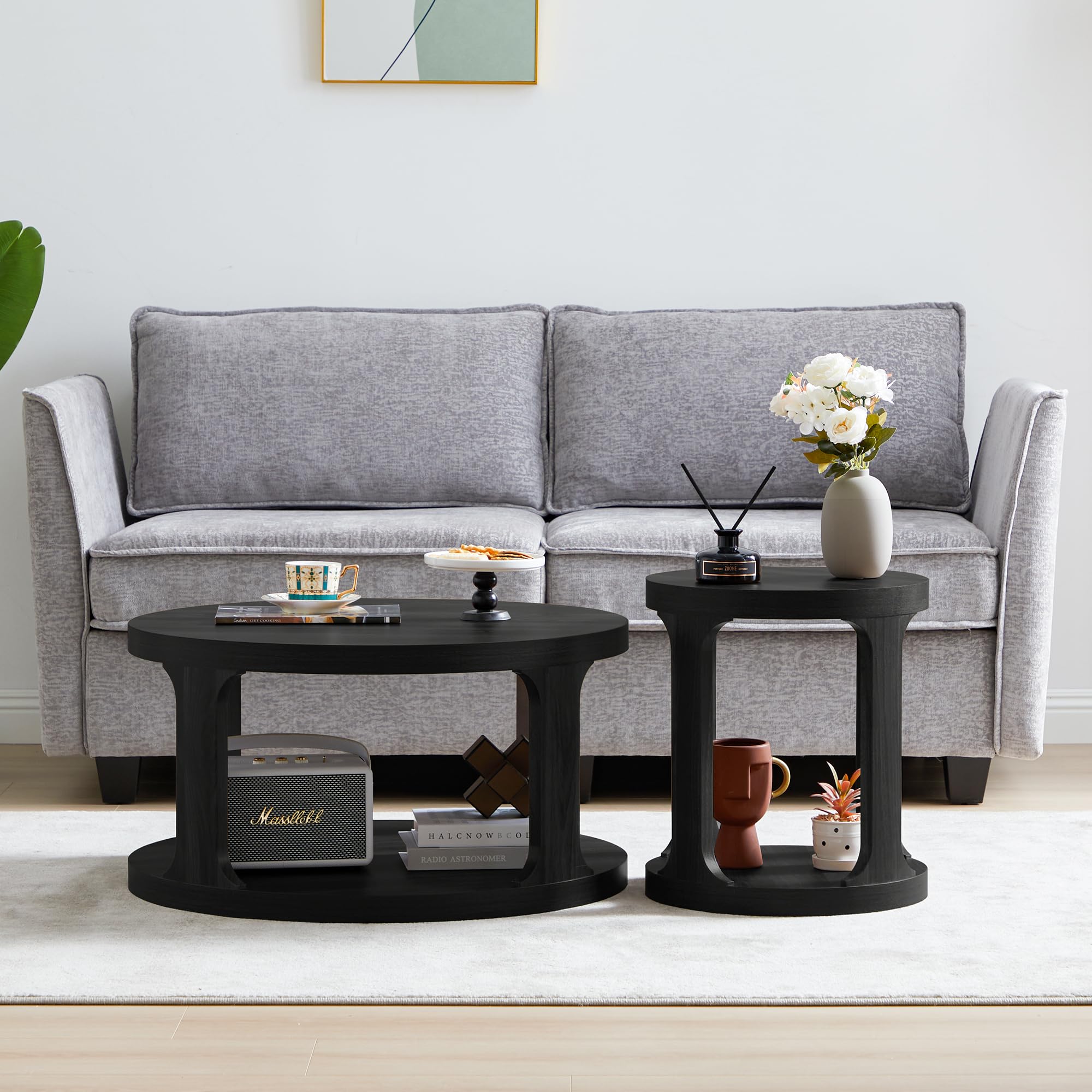 2-Piece Round Coffee Table and End Table Set with 2-Tier Storage - Modern Accent Side Tables for Living Room, Bedroom or Office (Black) - Perfect for Small Spaces & Home Decor