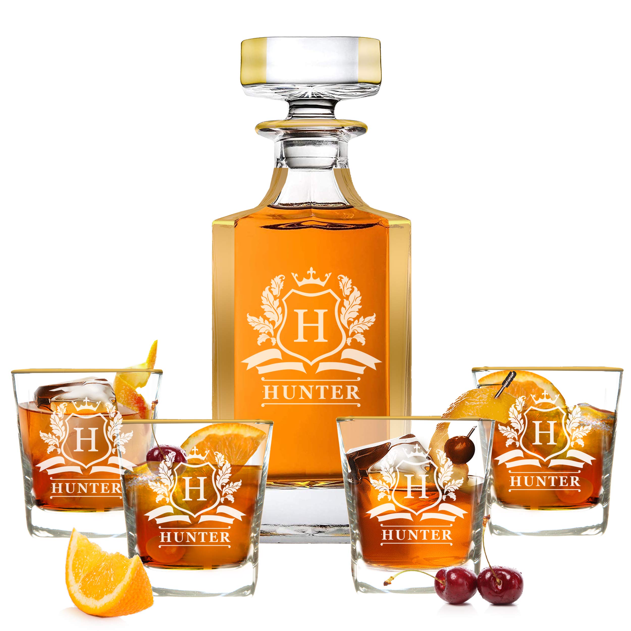 Personalized Whiskey Decanter Set with 2 Glasses - Custom Engraved Barware Gift with Gold Trim for Bourbon, Scotch & Liquor - Perfect for Weddings, Anniversaries & Home Entertaining