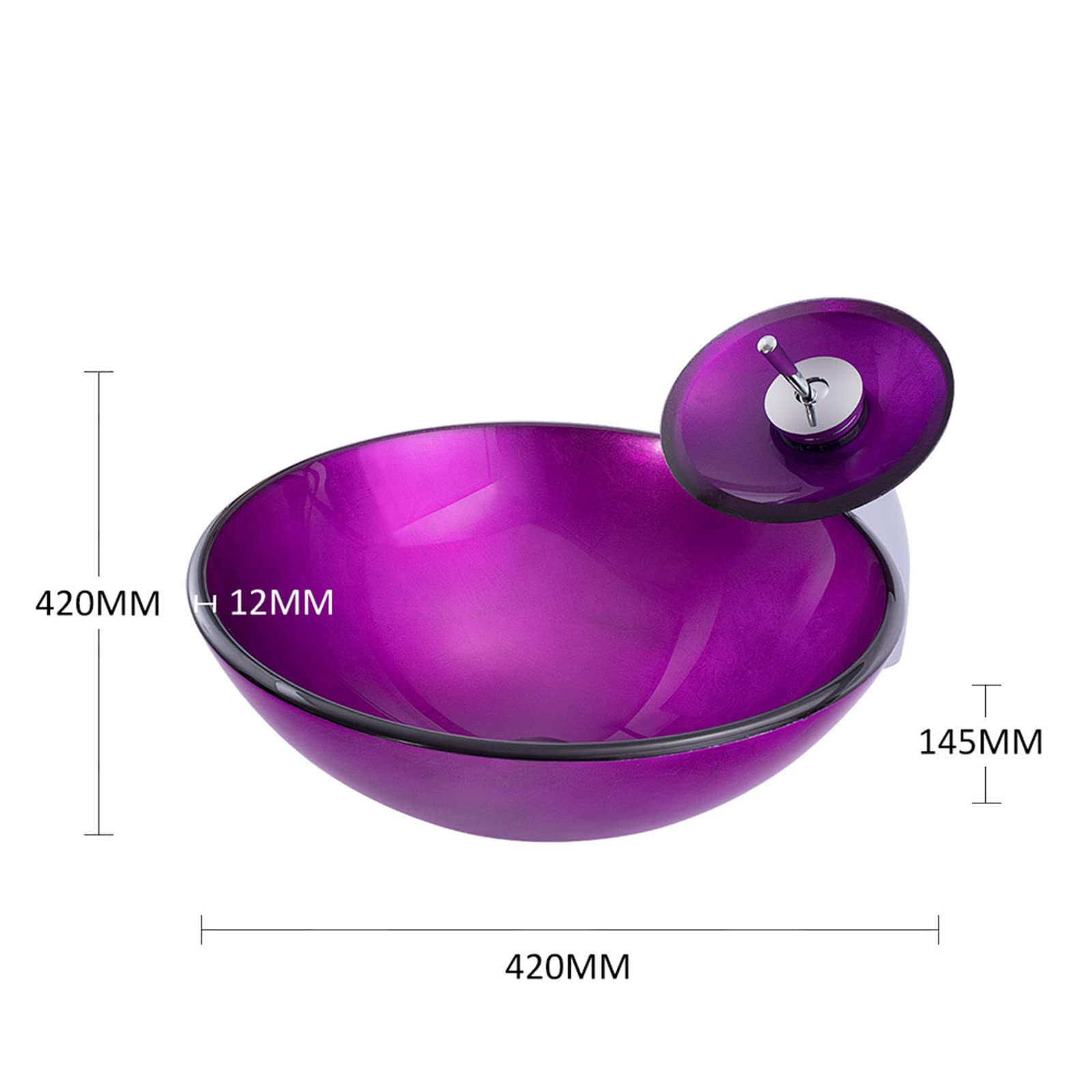 Purple Artistic Tempered Glass Vessel Sink with Brass Waterfall Faucet - Round Bathroom Vanity Sink Combo for Countertop Installation - Includes Chrome Pop-Up Drain - Perfect for Modern Master Bathrooms & Powder Room Renovations