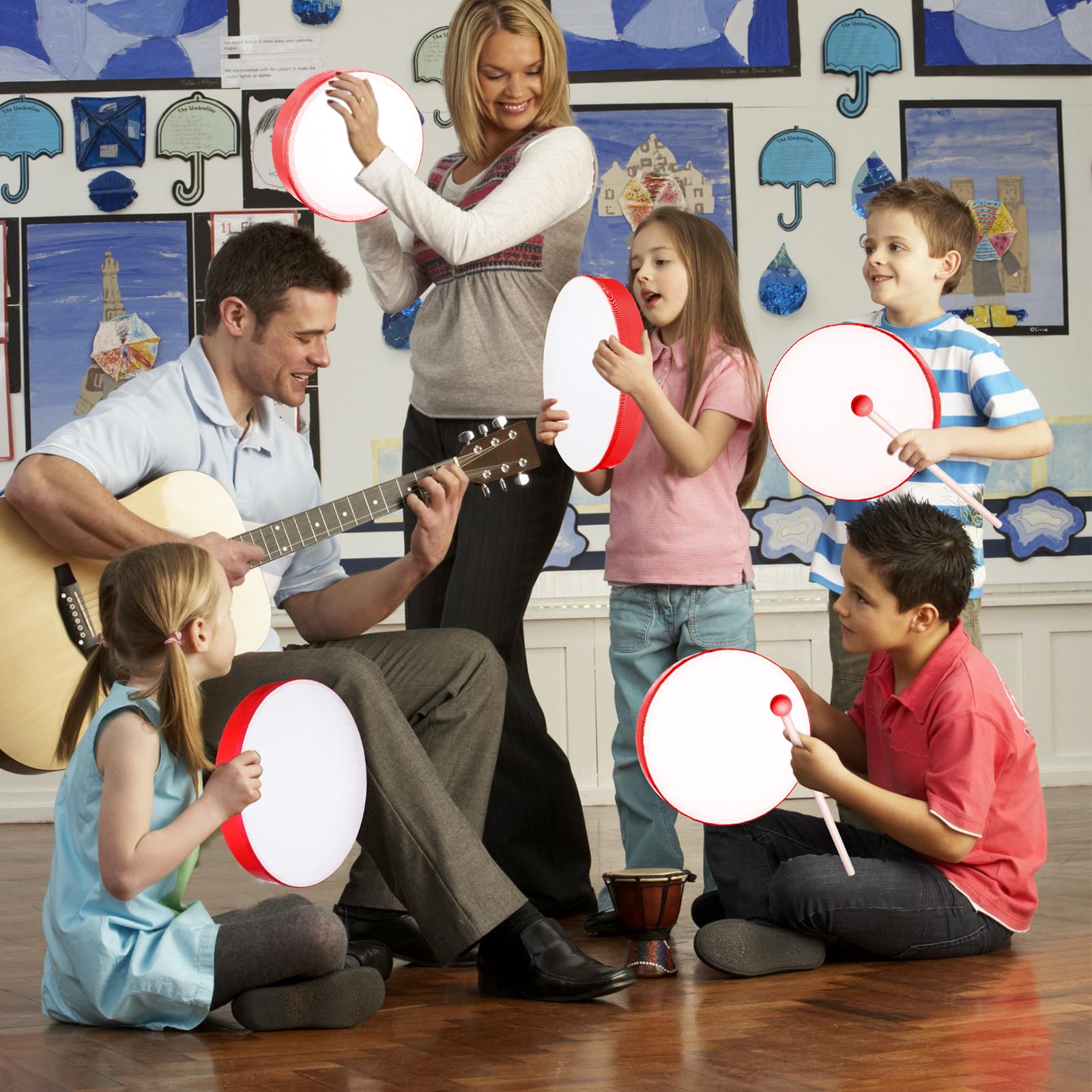 4-Piece Wooden Hand Drum Set for Kids & Adults - 12, 10, 8 & 6 Inch Frame Drums with Sticks - Percussion Musical Instruments for Beginners, Schools, Home Parties & Classroom Activities (Red) - Perfect for Music Education, Family Gatherings & Cultural Events