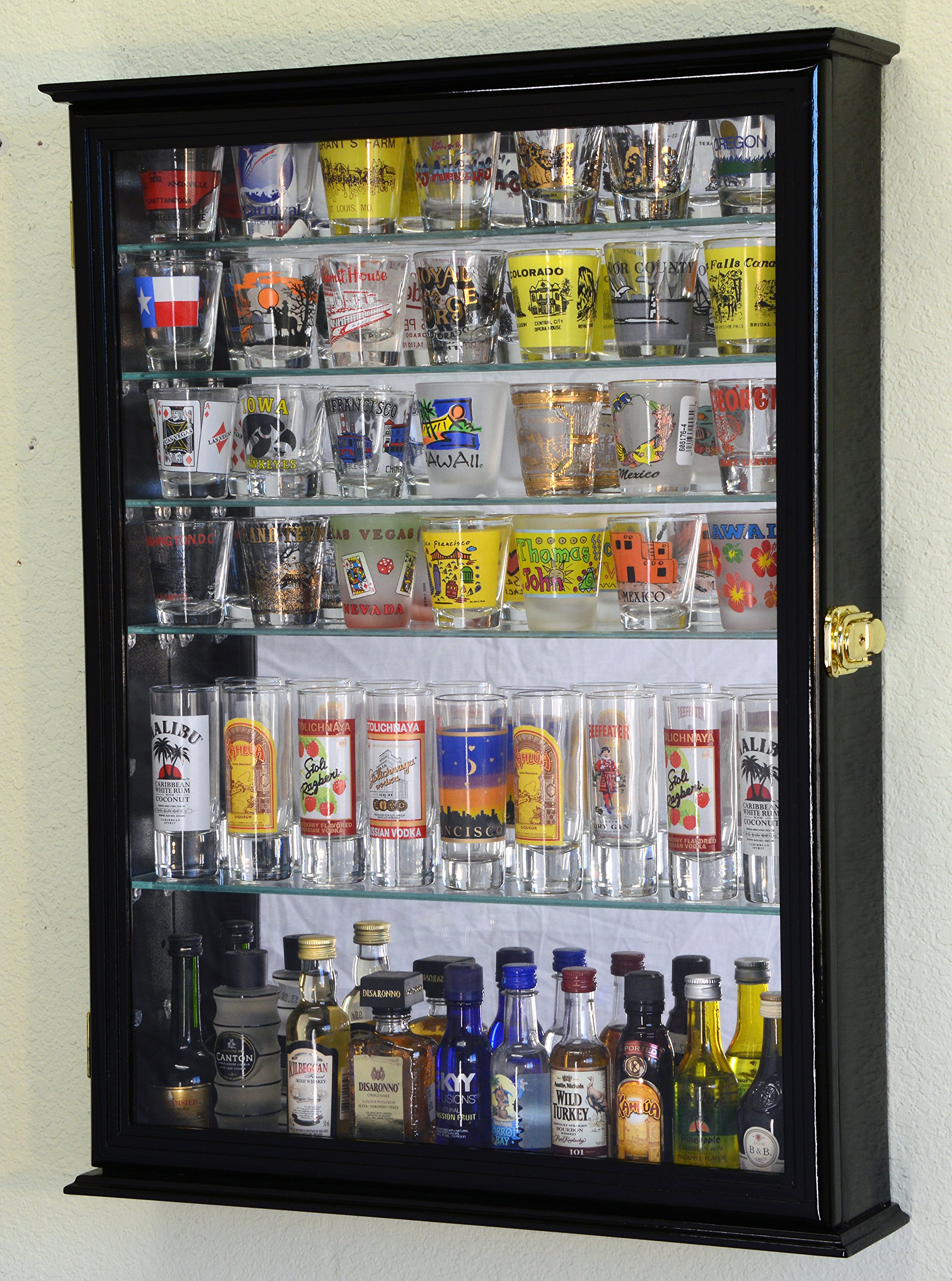 Black Large Mirror Backed 7-Shelf Glass Shot Glass Display Cabinet - Perfect for Bars, Restaurants, and Home Entertainment Spaces