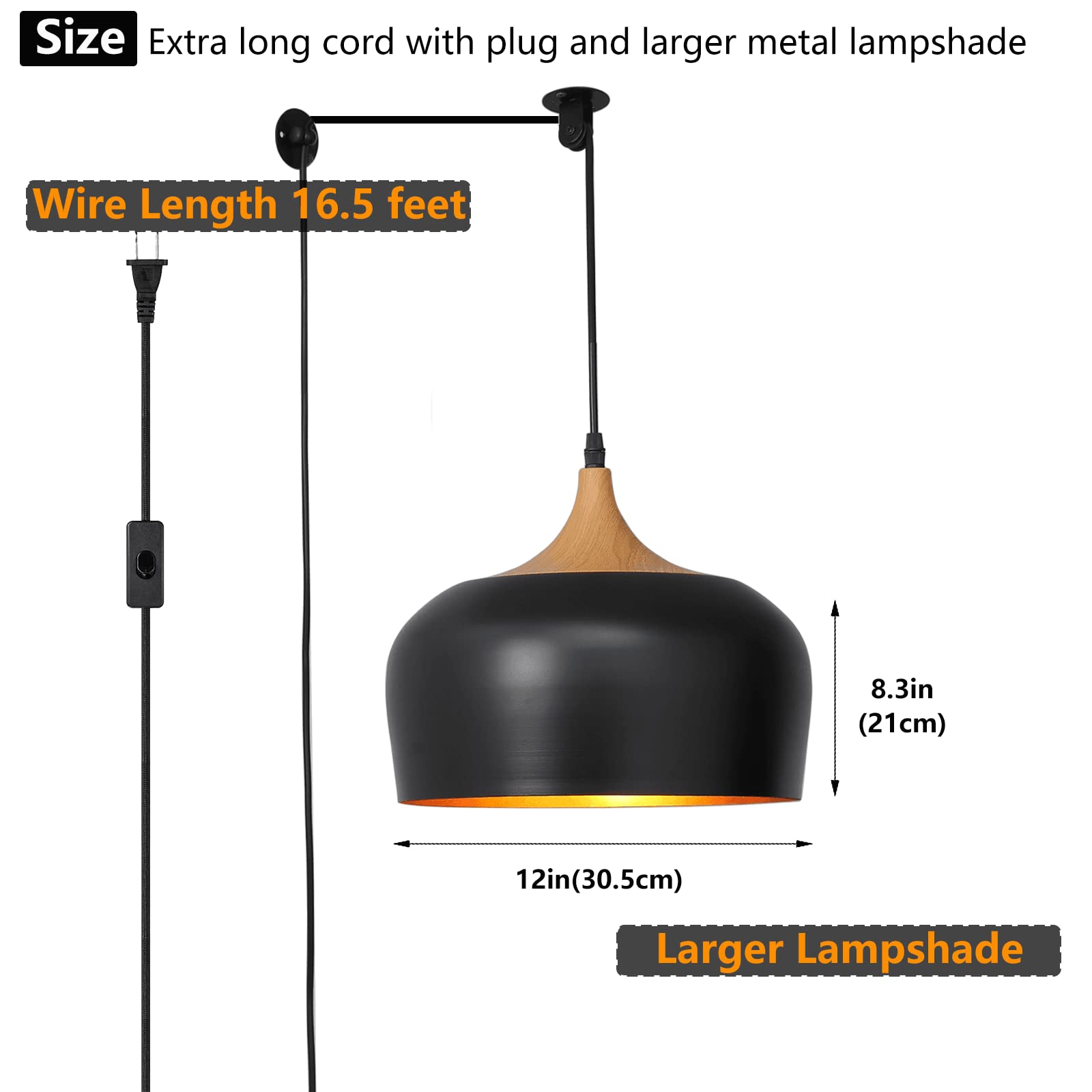 Modern Big Plug-in Pendant Light with 16.4ft Cord & On/Off Switch - Black Wood Grain Hanging Light Fixture for Kitchen Island, Dining Room, Table Lighting - Perfect for Farmhouse, Industrial & Contemporary Home Decor