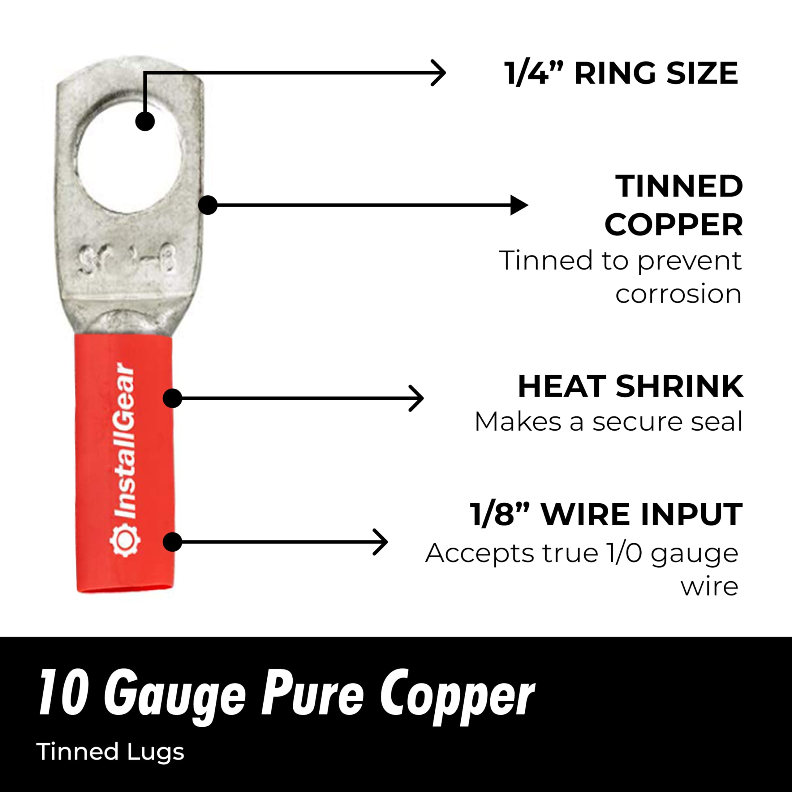 InstallGear 4 Gauge AWG Tinned Pure Copper Ring Terminals with Heat Shrink - 10 Pack | High Conductivity Electrical Connectors for Car Audio, Marine & Solar Panel Wiring | Waterproof Wire Terminals for 4 AWG Cables