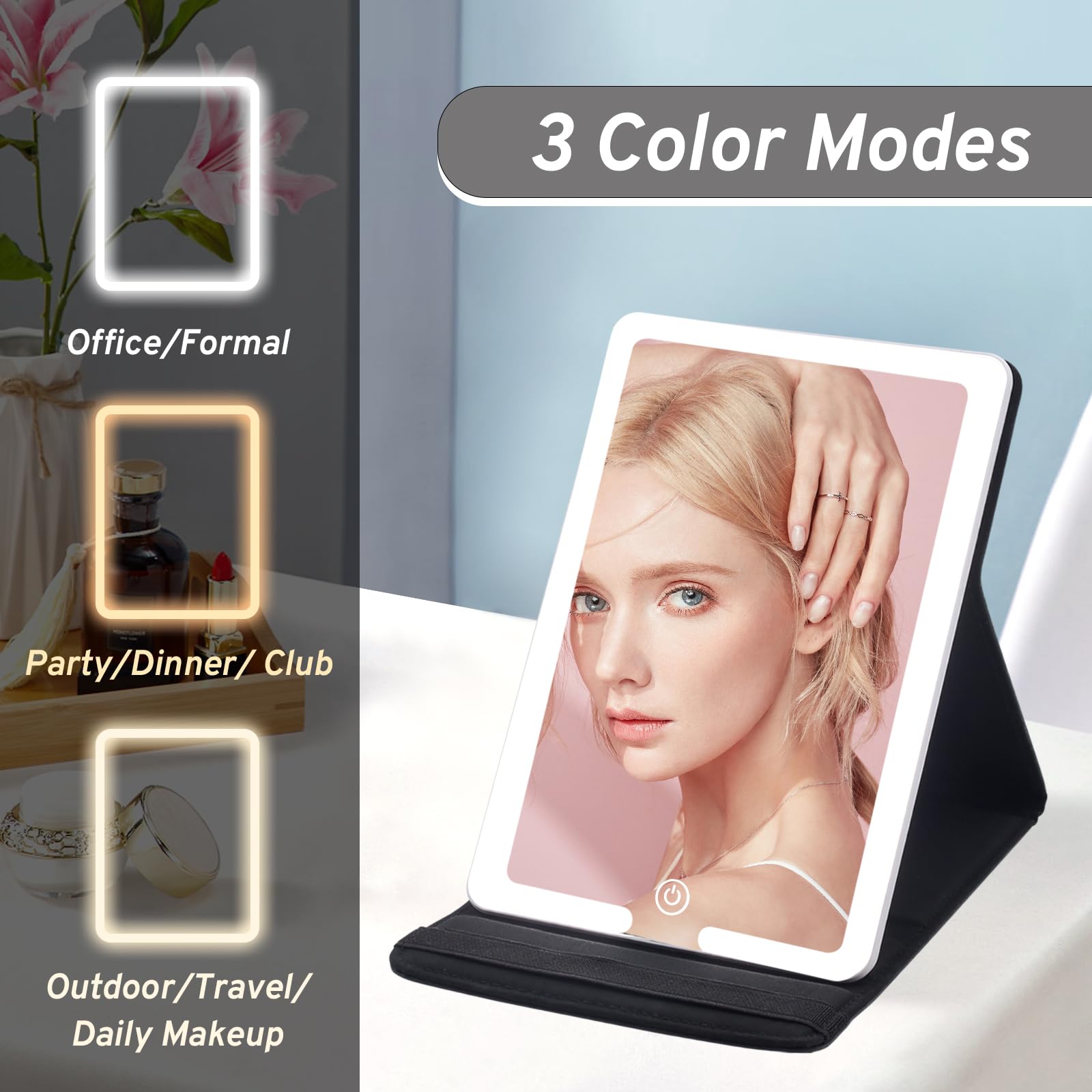 Rechargeable LED Travel Makeup Mirror with 3 Light Settings - 8x5.5 Inch Ultra-Slim Portable Vanity Mirror with PU Leather Cover & 1500mAh Battery - Perfect for Home, Travel, and Professional Makeup Application