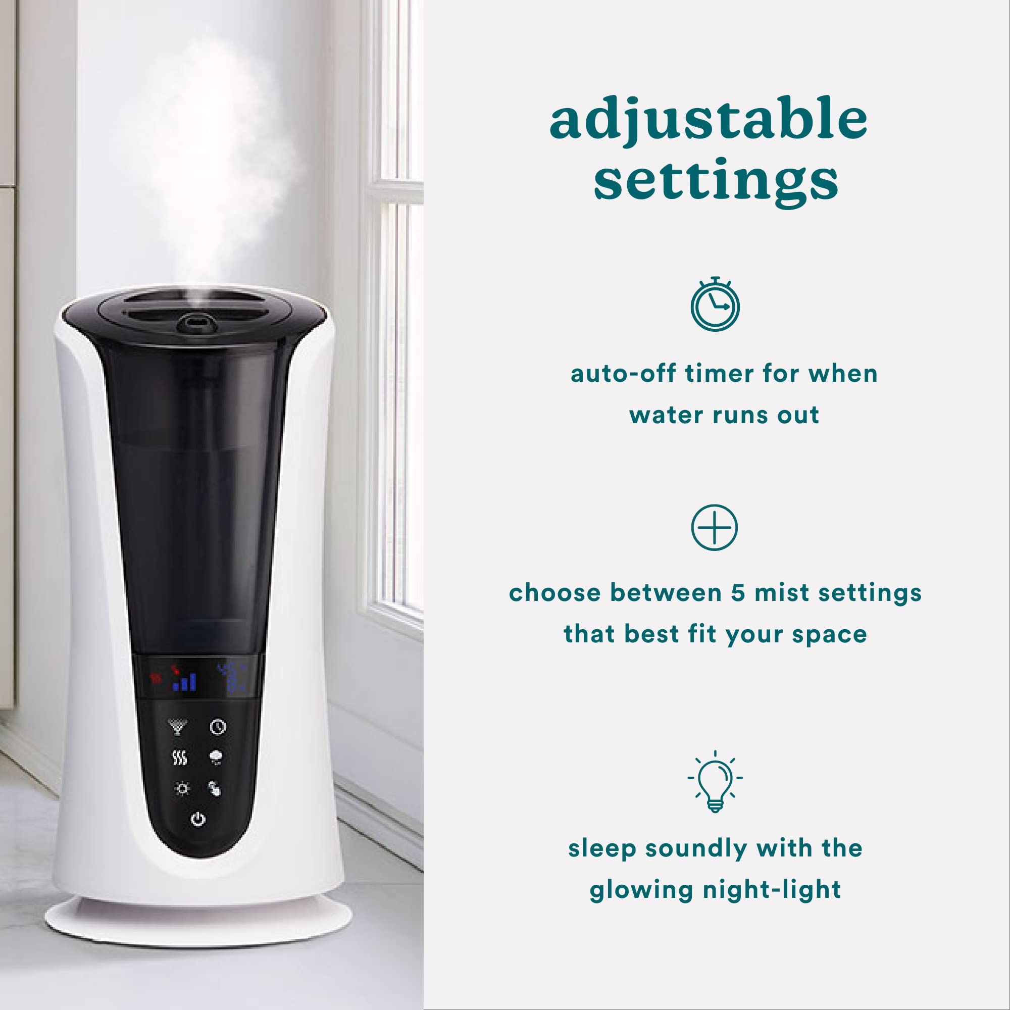 Homedics Ultrasonic Humidifier - Large Room Cool & Warm Mist Humidifier for Bedroom, Office, Nursery with Essential Oil Diffuser - 5 Mist Settings, Built-In Timer, Quiet Operation - Perfect for Dry Air Relief, Baby Care & Houseplants (White/Black)