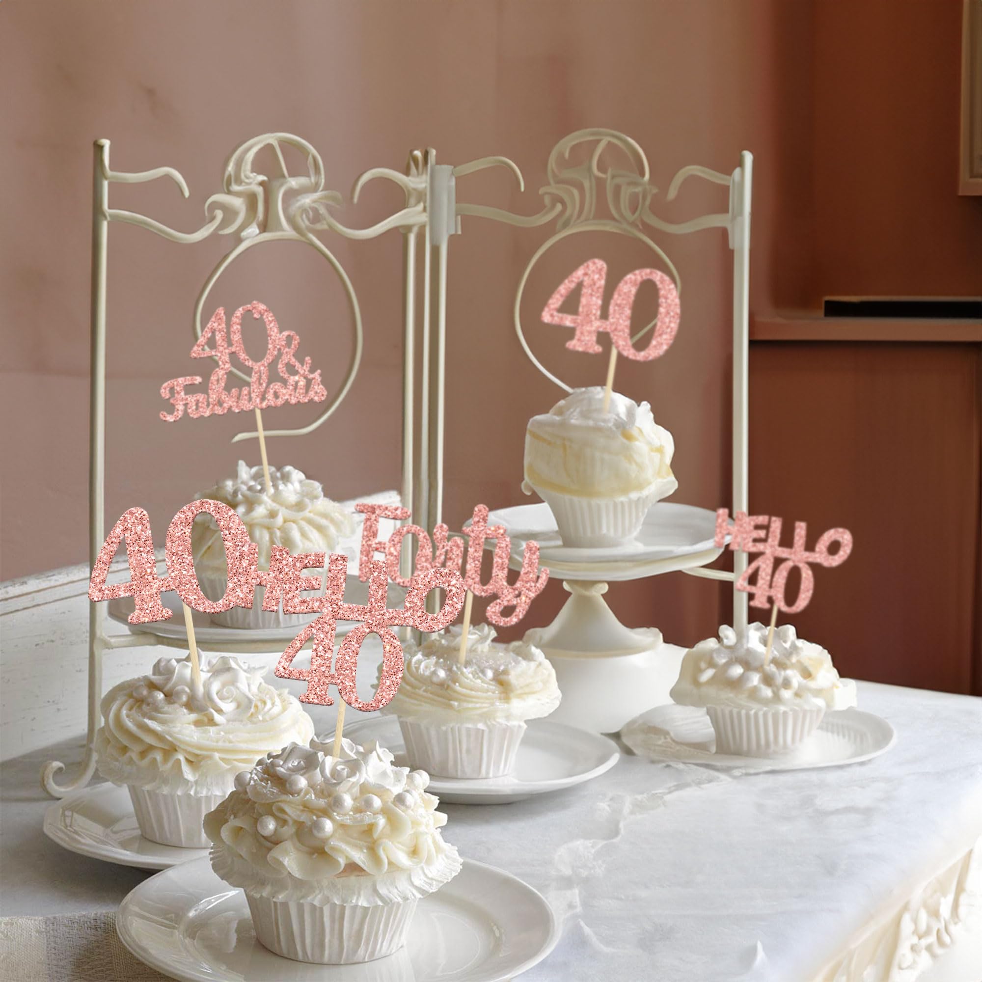 24 Pack Glitter 40th Birthday Cupcake Toppers - Hello 40 Forty Cake Decorations, 40 & Fabulous Rose Gold Cupcake Picks for Women's 40th Birthday Party, Anniversary, Retirement Celebration - Perfect for Cake, Cupcake, Dessert Decorating Supplies
