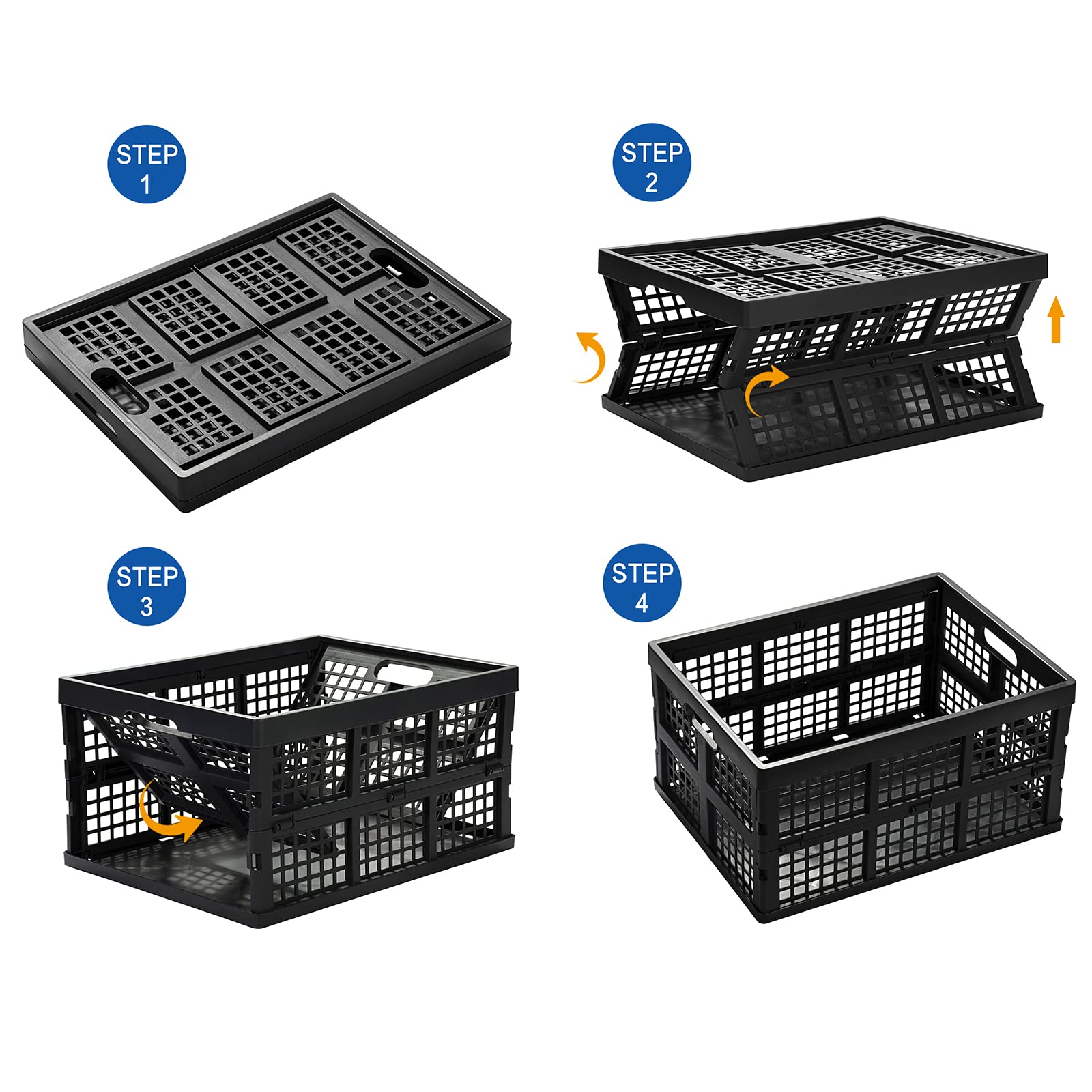 34L Large Plastic Folding Storage Crates - Pack of 3 Black Collapsible Bins for Home Organization, Garage, Office & Moving Supplies | Space-Saving Storage Solution