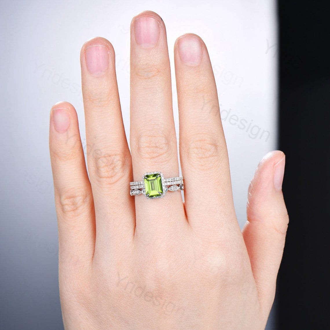 2CT Emerald Cut Peridot Engagement Ring Set with Halo Diamonds in Solid 14K White Gold - Wedding, Bridal, Anniversary Gift for Her - Perfect for Proposals, Vows Renewal & Special Occasions