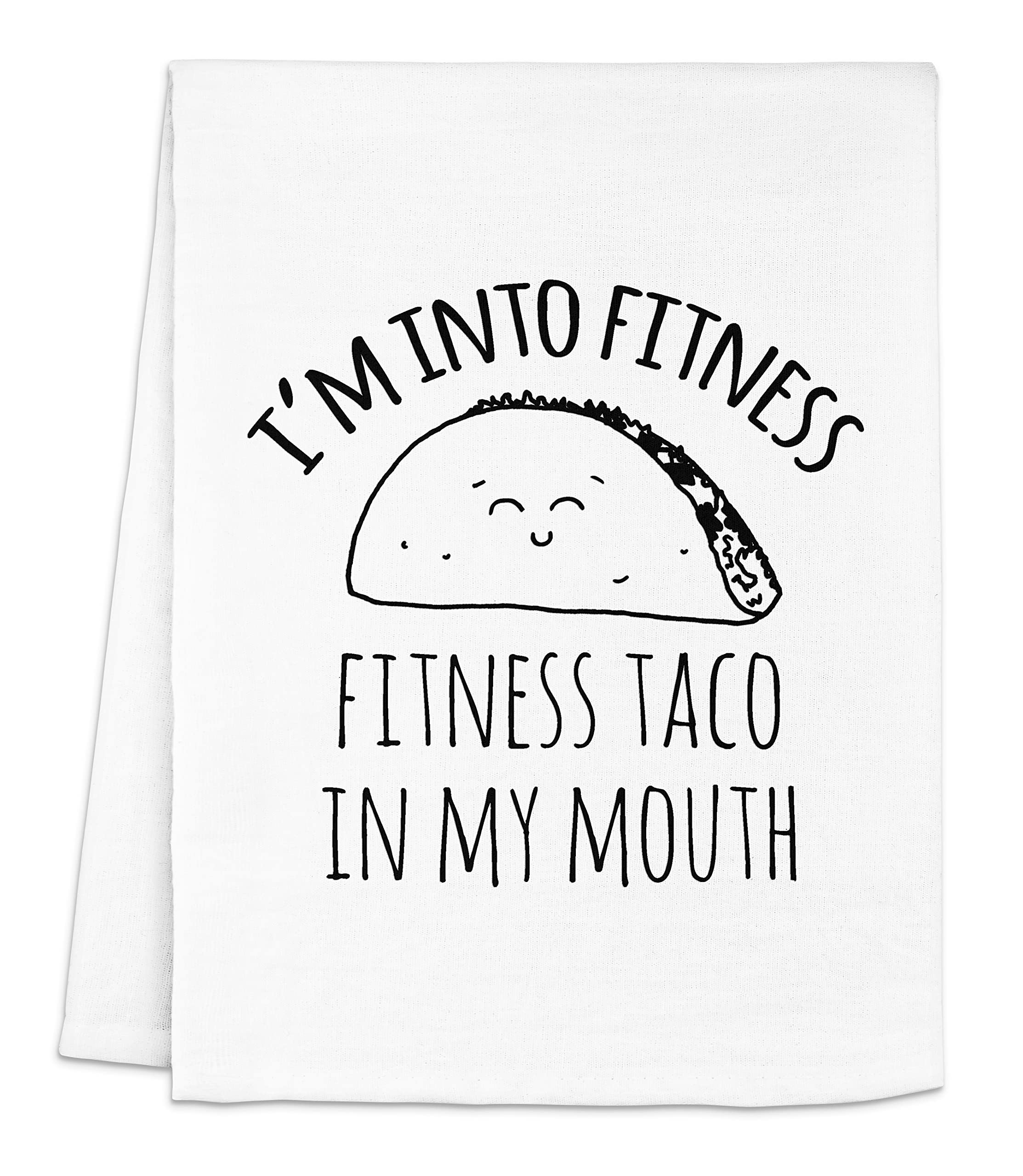 Funny Kitchen Towel - 'I'm Into Fitness' Fitness Taco Design | Cotton Flour Sack Dish Towels for Taco Tuesday | Absorbent White Kitchen Towels for Cooking, Cleaning & Decor | Perfect for Apartments, Gifts & Mexican-Themed Parties