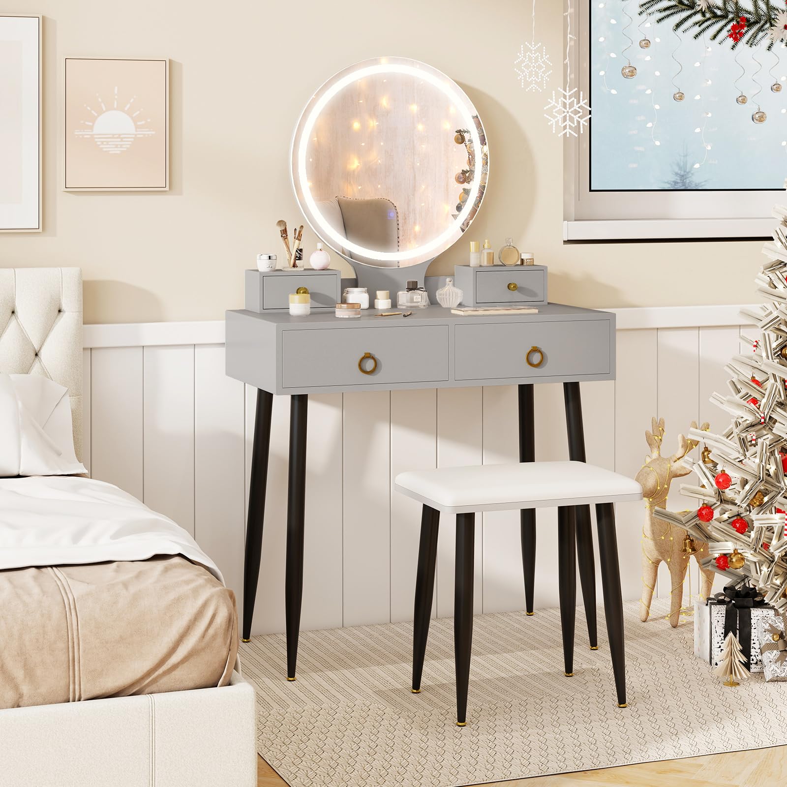 Charmaid Vanity Desk with Mirror & LED Lights - Modern Makeup Vanity Table with 4 Storage Drawers, 3 Lighting Modes & Adjustable Brightness - Gray & Black Dressing Table with Stool for Bedroom, Bathroom & Dorm Room