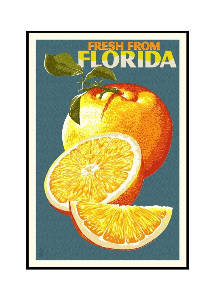 Fresh Florida Oranges Letterpress Art Print - 24x36 Framed Gallery Wrapped Canvas for Kitchen Decor & Farmhouse Style Home